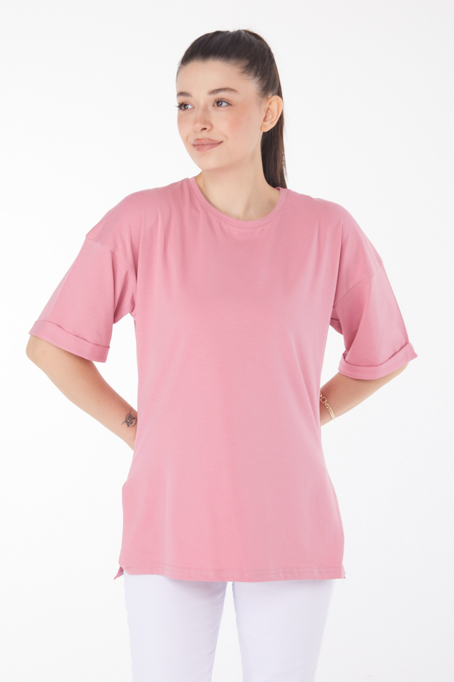 Düz Bisiklet Yaka Kadın Pembe T-Shirt - 25850 - 3