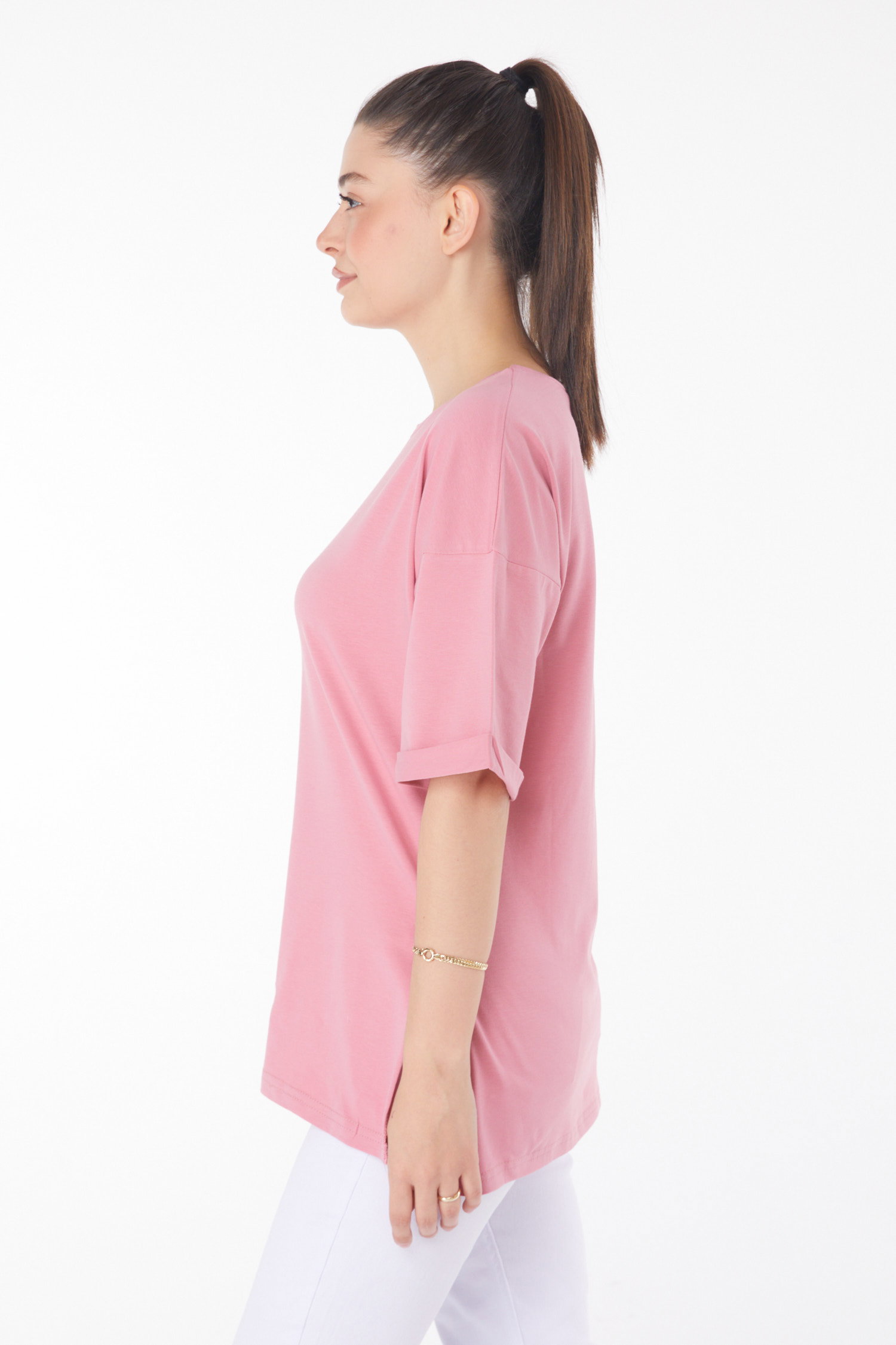 Düz Bisiklet Yaka Kadın Pembe T-Shirt - 25850 - 4