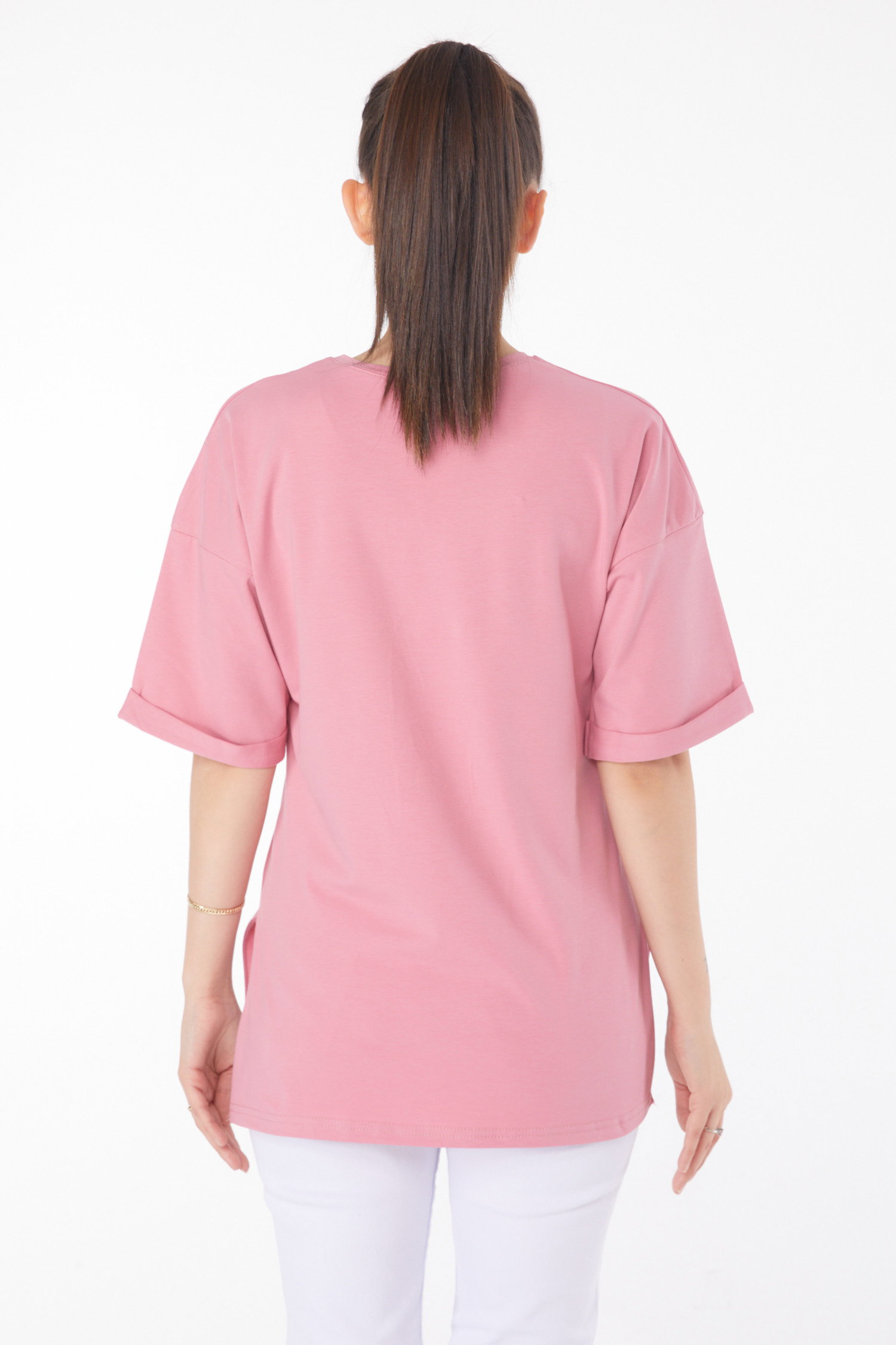 Düz Bisiklet Yaka Kadın Pembe T-Shirt - 25850 - 5