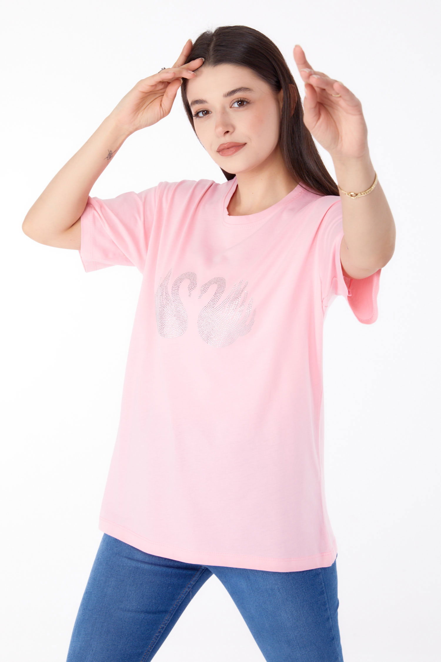 Düz Bisiklet Yaka Kadın Pembe Taşlı T-shirt - 25696 - 1