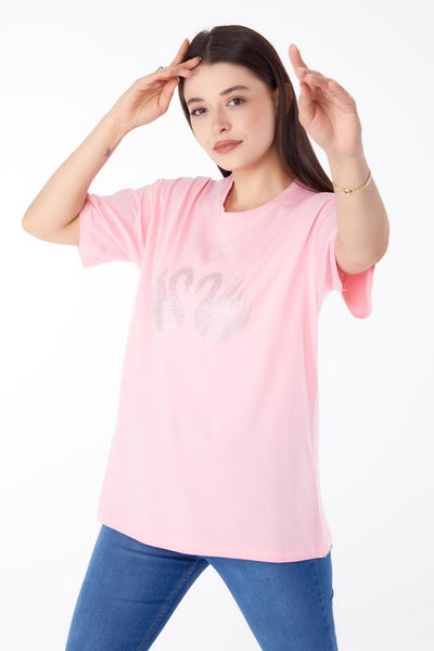 Düz Bisiklet Yaka Kadın Pembe Taşlı T-shirt - 25696 