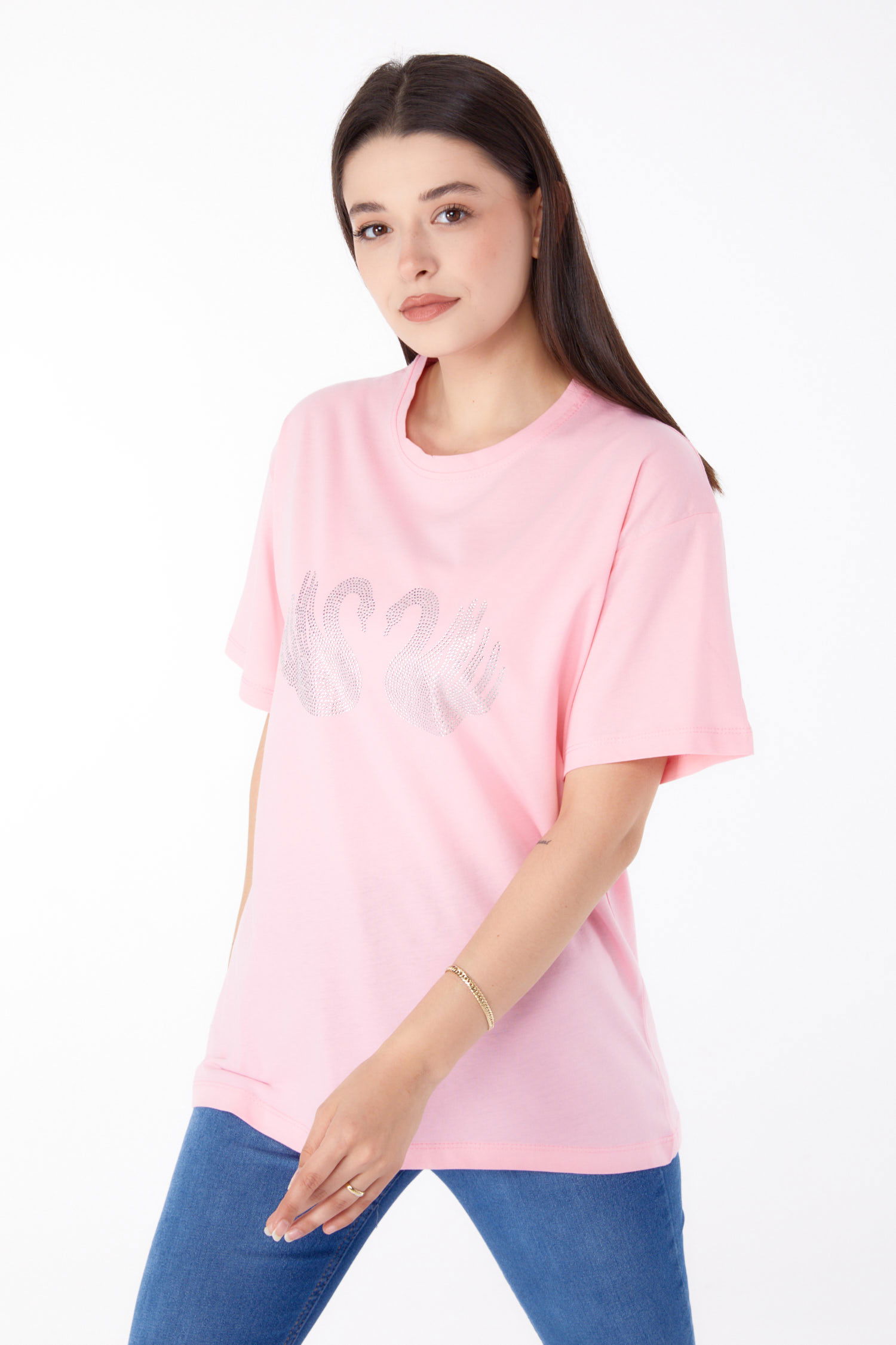 Düz Bisiklet Yaka Kadın Pembe Taşlı T-shirt - 25696 - 2