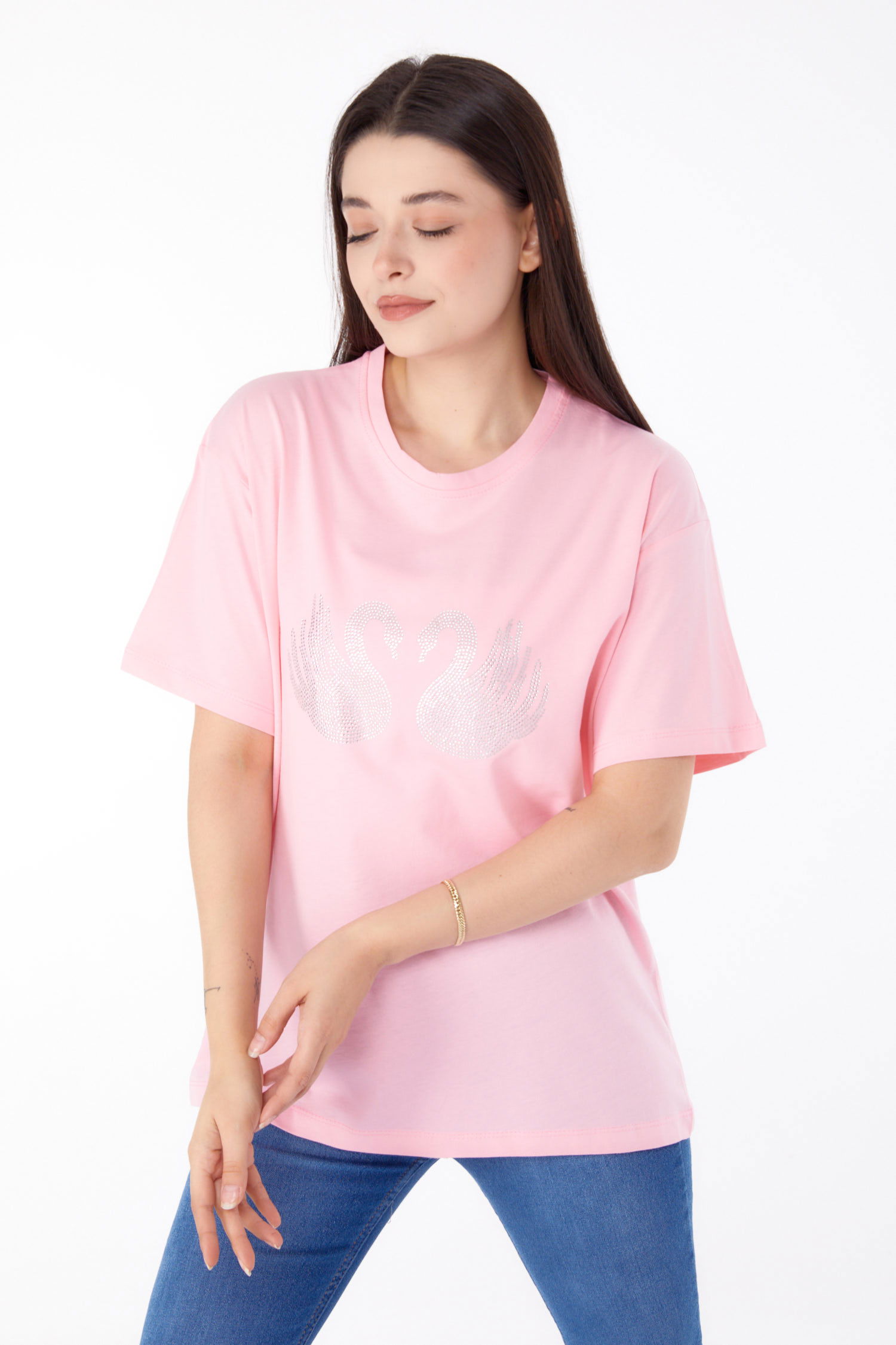 Düz Bisiklet Yaka Kadın Pembe Taşlı T-shirt - 25696 - 3