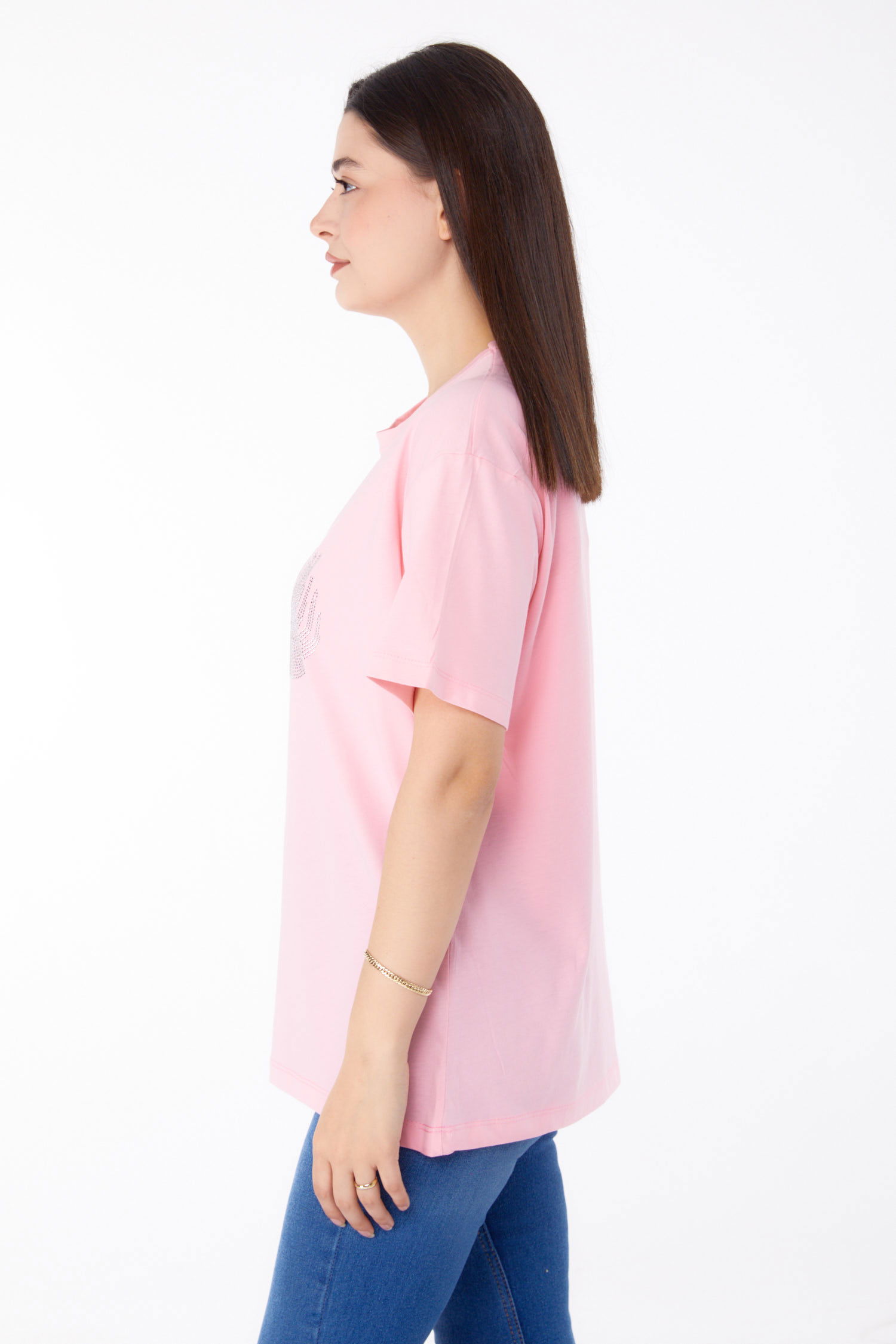 Düz Bisiklet Yaka Kadın Pembe Taşlı T-shirt - 25696 - 4