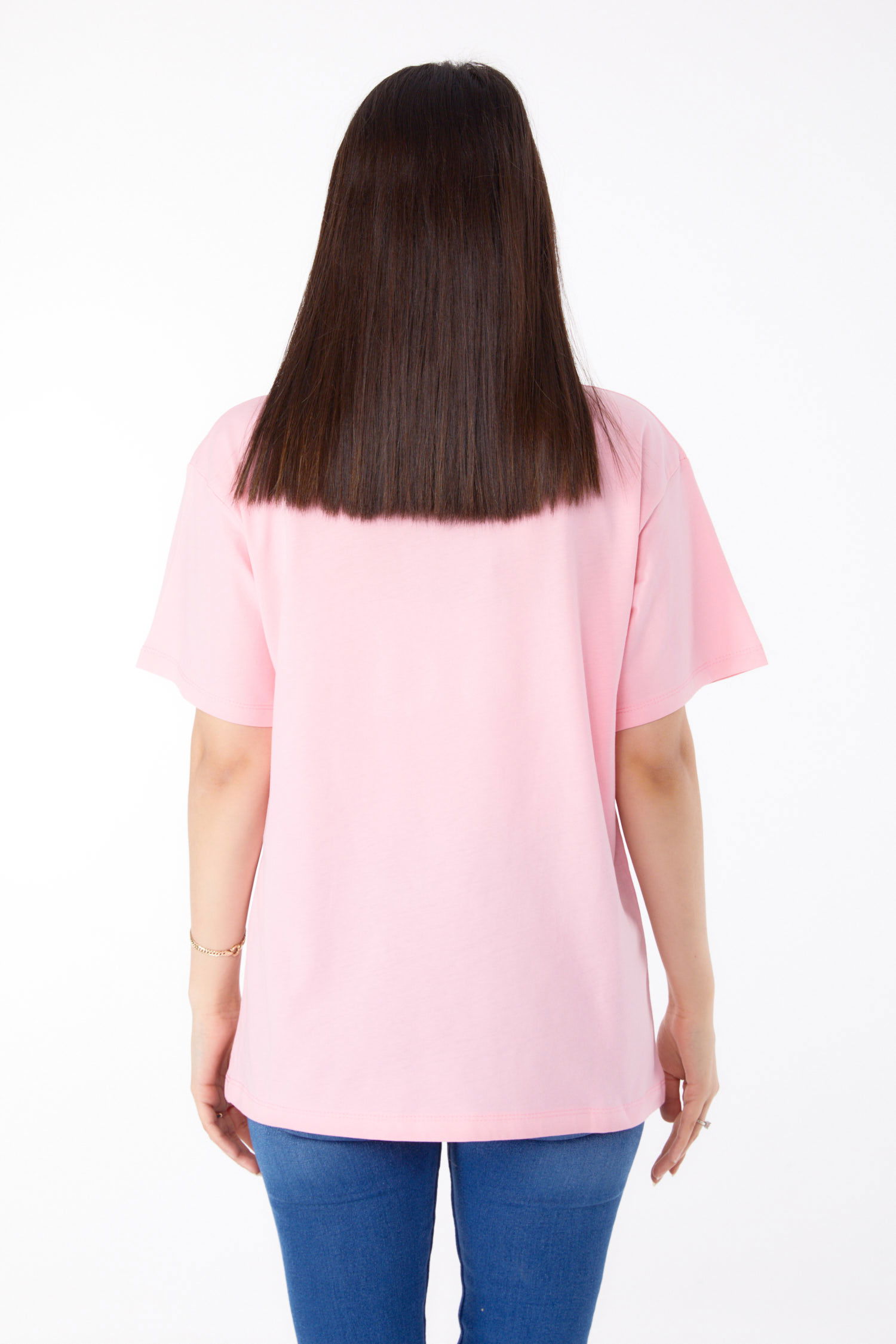 Düz Bisiklet Yaka Kadın Pembe Taşlı T-shirt - 25696 - 5