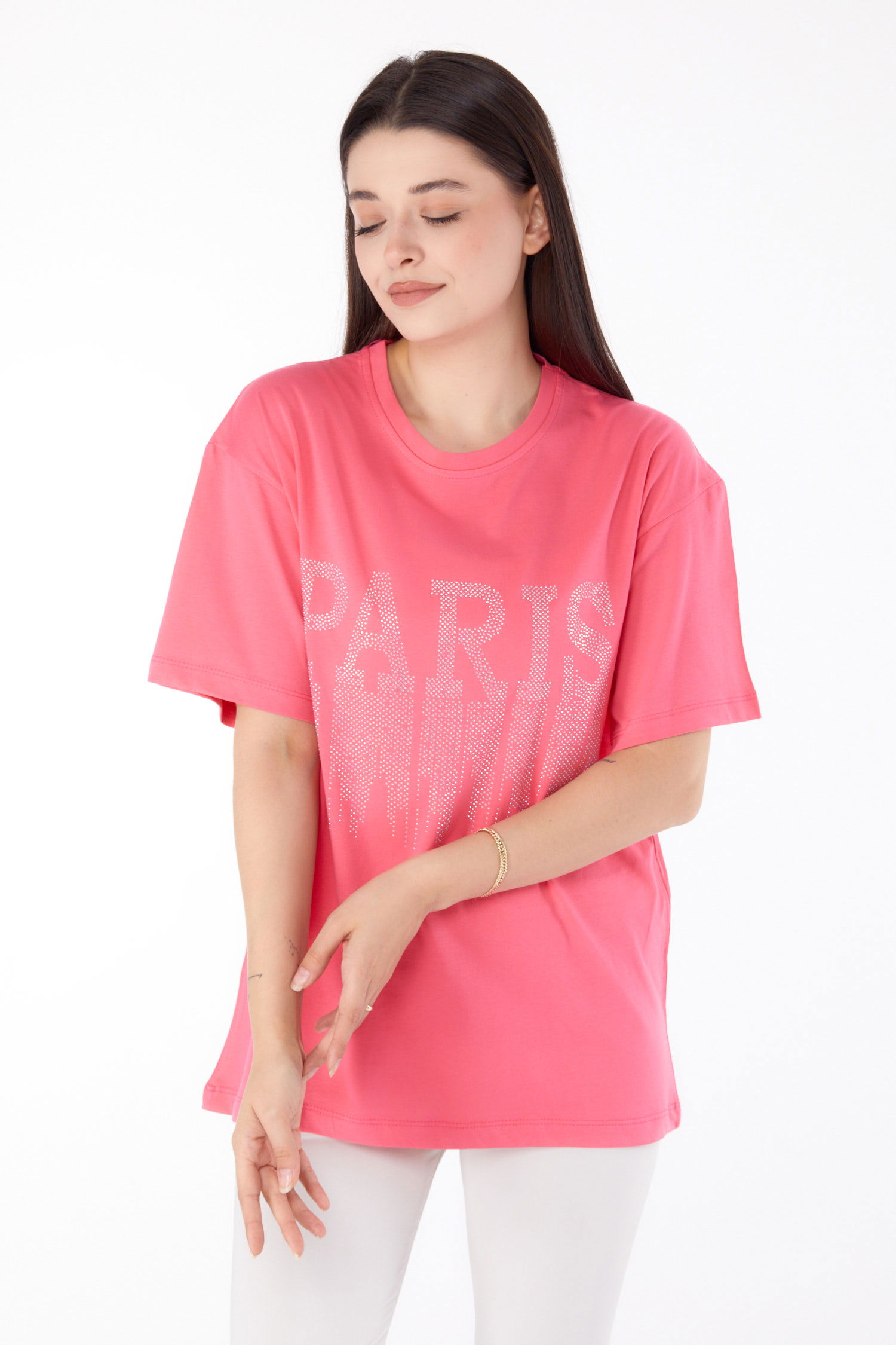 Taşlı T-shirt Pembe - 25698 - 3