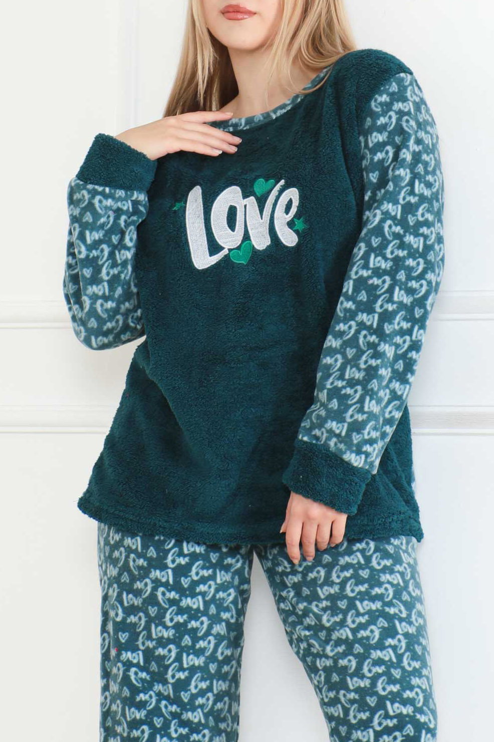 Düz Bisiklet Yaka Kadın Petrol Nakışlı Peluş Polar Pijama Takım - 26642 - 3