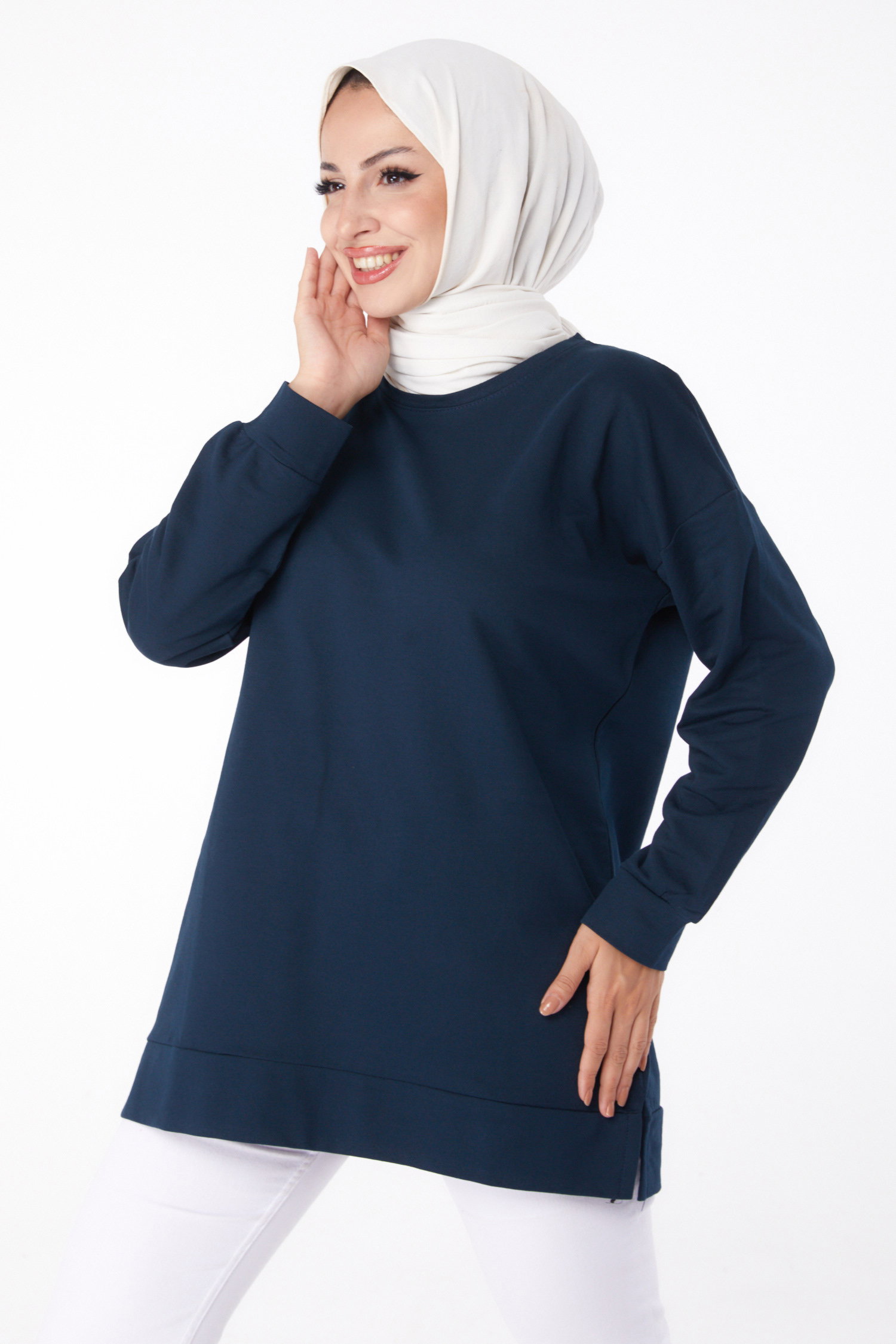 Düz Bisiklet Yaka Kadın Petrol Uzun Kollu Sweatshirt - 24653 - 1