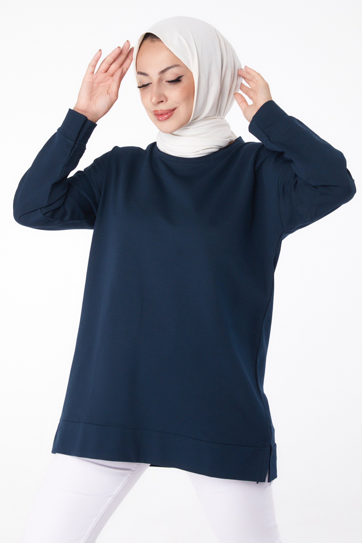 Düz Bisiklet Yaka Kadın Petrol Uzun Kollu Sweatshirt - 24653 - 2
