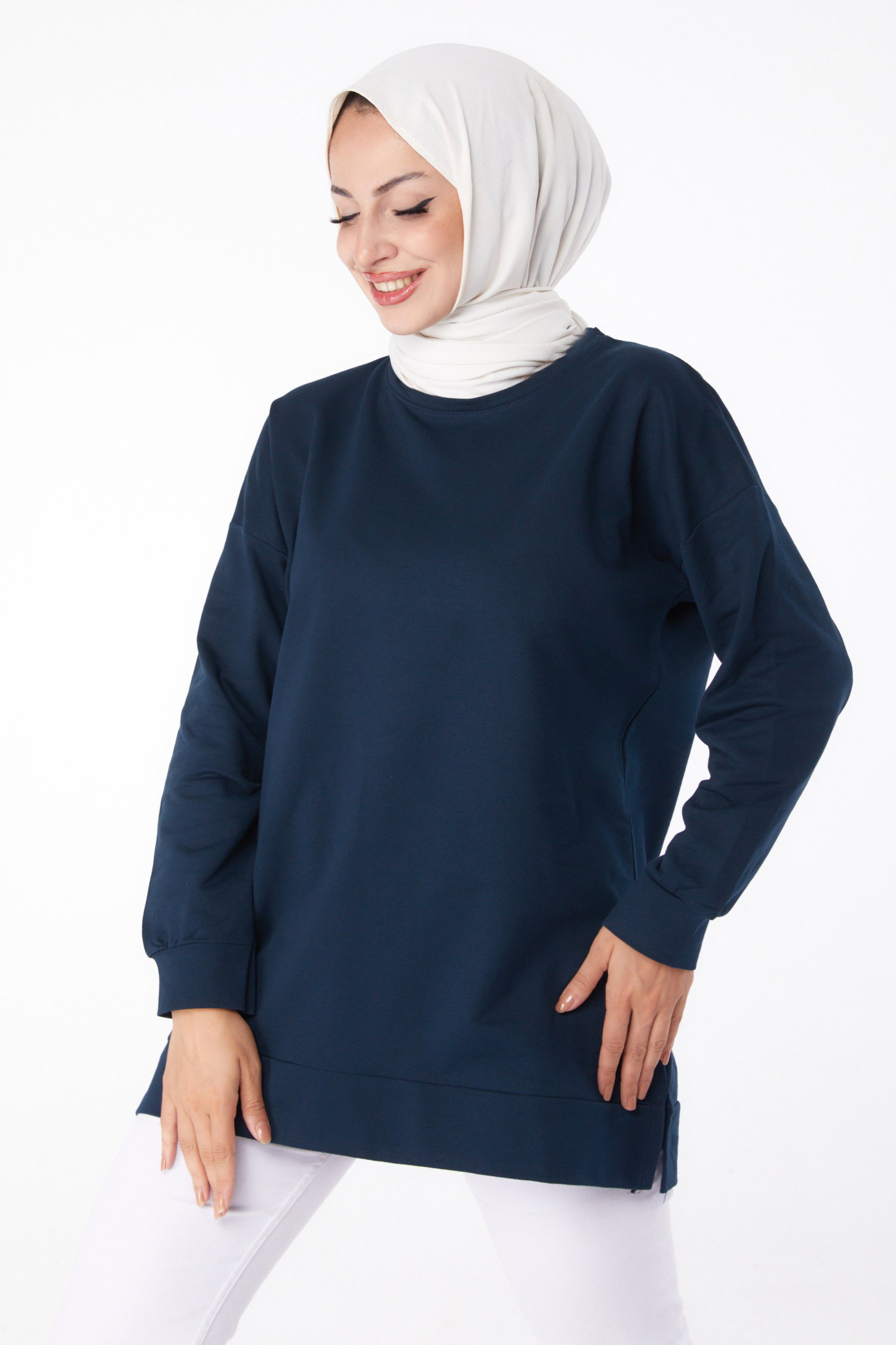 Düz Bisiklet Yaka Kadın Petrol Uzun Kollu Sweatshirt - 24653 - 3