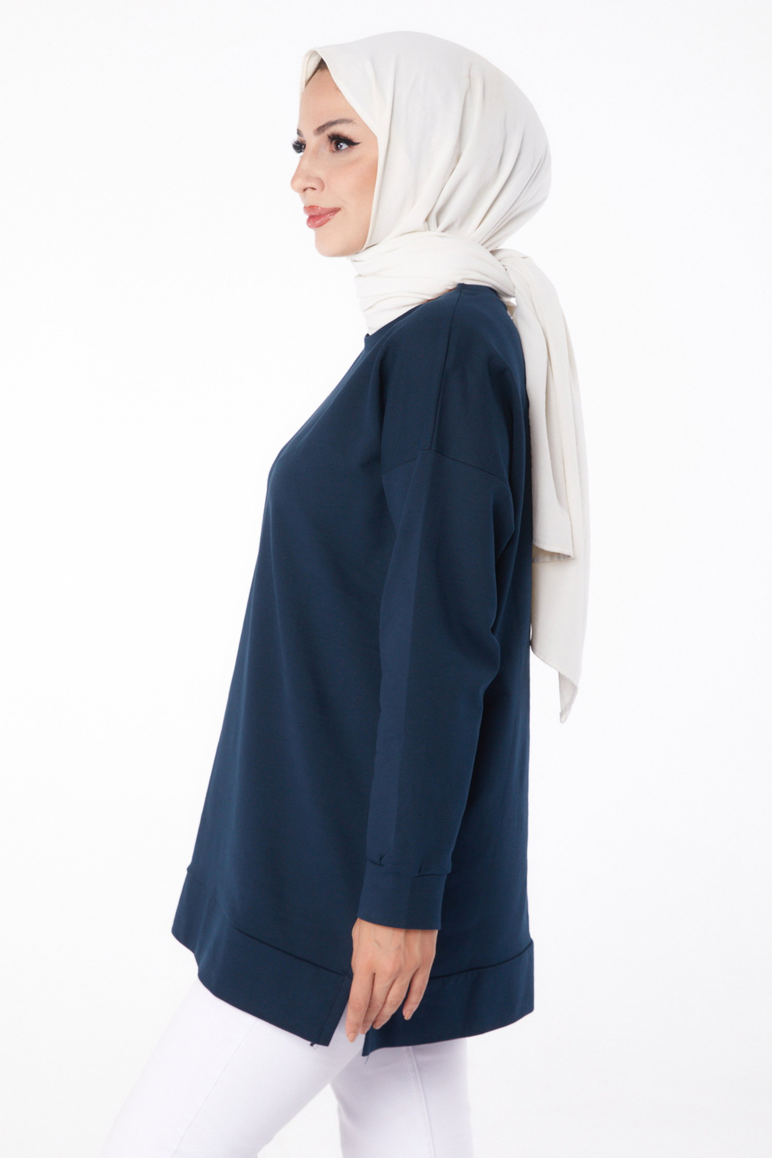 Düz Bisiklet Yaka Kadın Petrol Uzun Kollu Sweatshirt - 24653 - 4