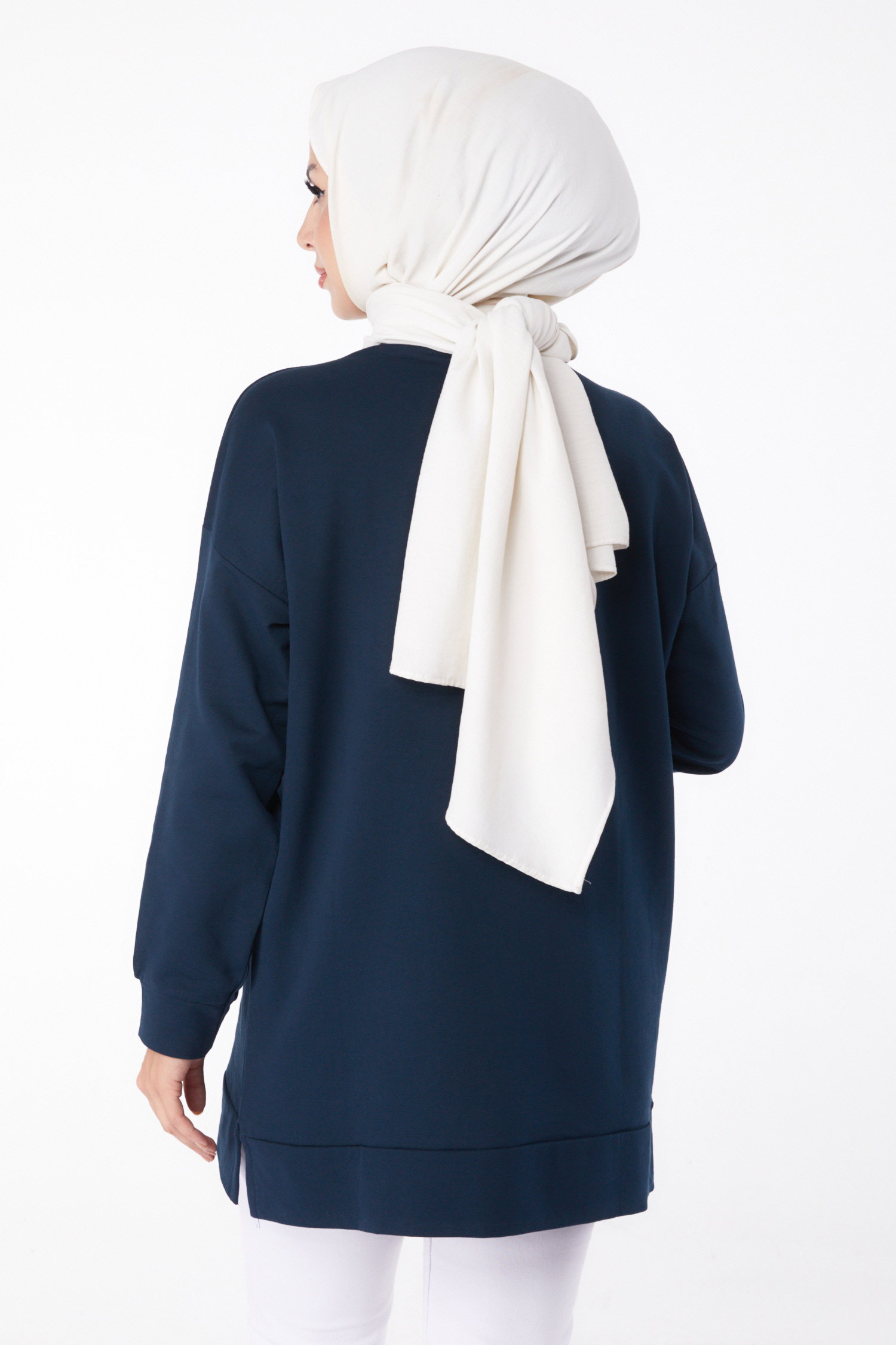 Düz Bisiklet Yaka Kadın Petrol Uzun Kollu Sweatshirt - 24653 - 5