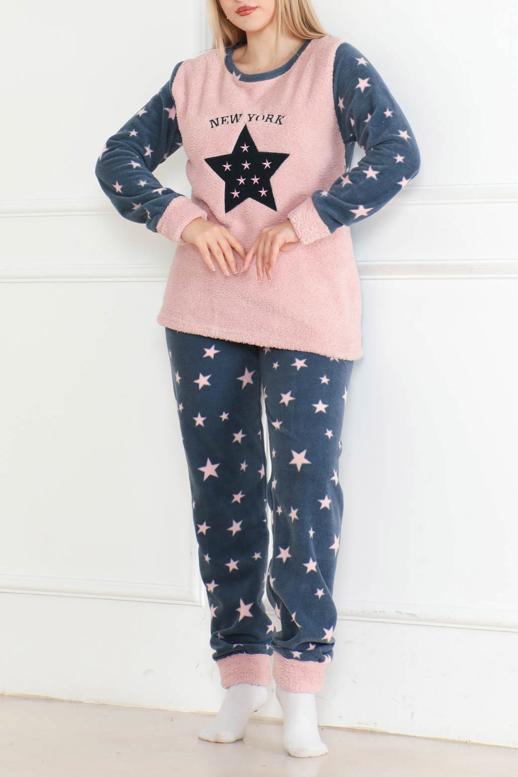 Nakışlı Peluş Polar Pijama Takım Pudra - 26640 - 1
