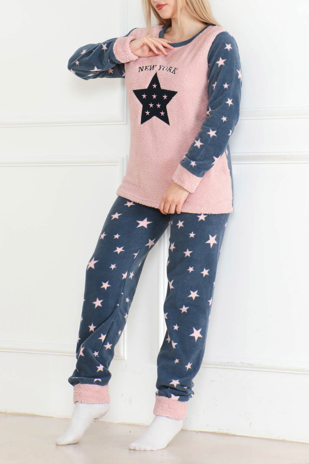 Nakışlı Peluş Polar Pijama Takım Pudra - 26640 - 2
