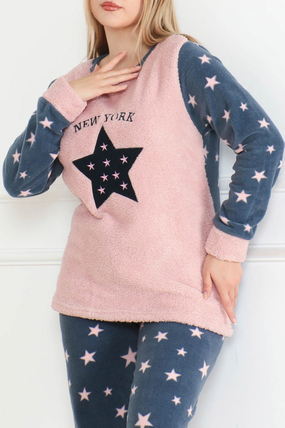Nakışlı Peluş Polar Pijama Takım Pudra - 26640 - 3