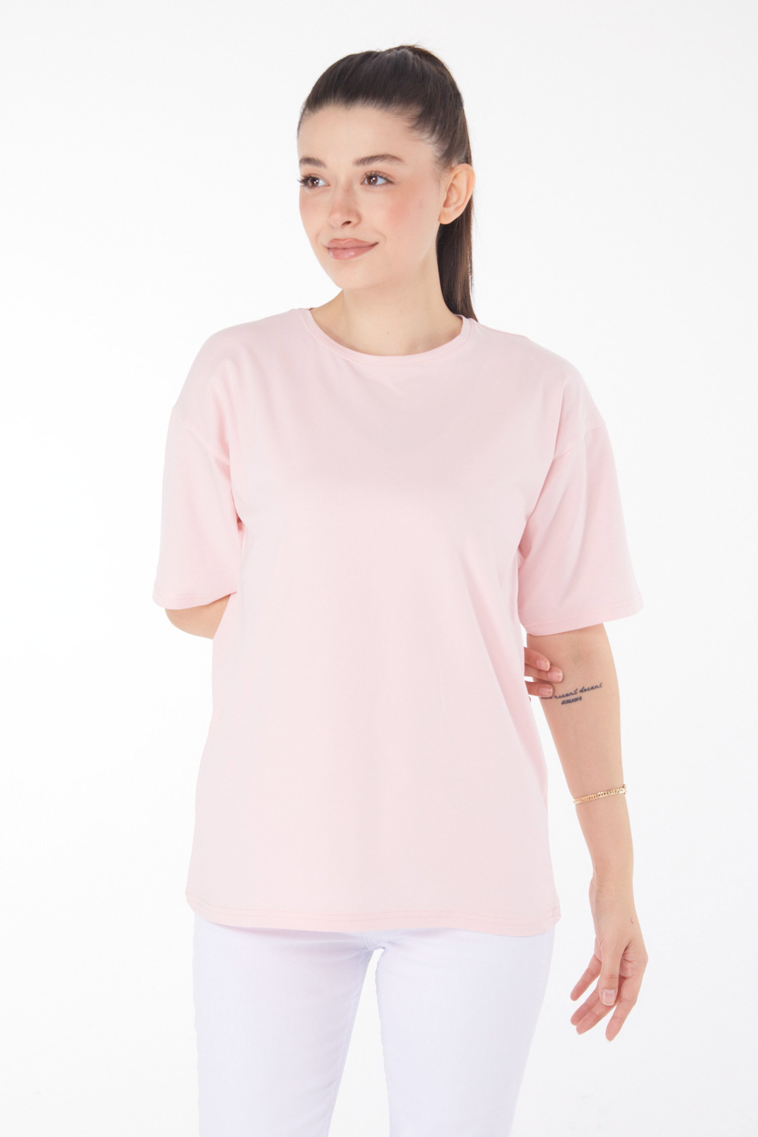 Düz Bisiklet Yaka Kadın Pudra T-Shirt - 25849 - 1
