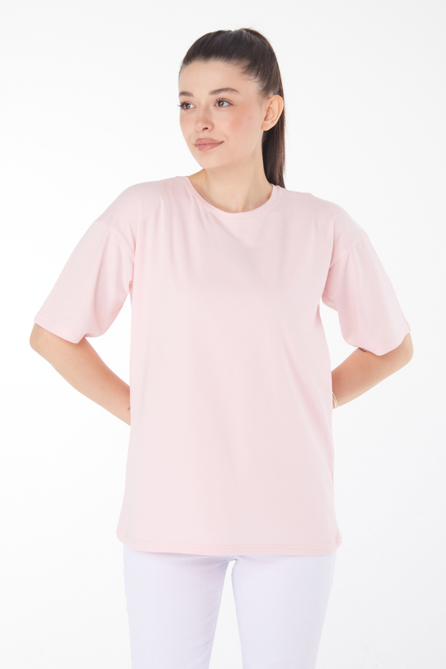 Düz Bisiklet Yaka Kadın Pudra T-Shirt - 25849 - 2