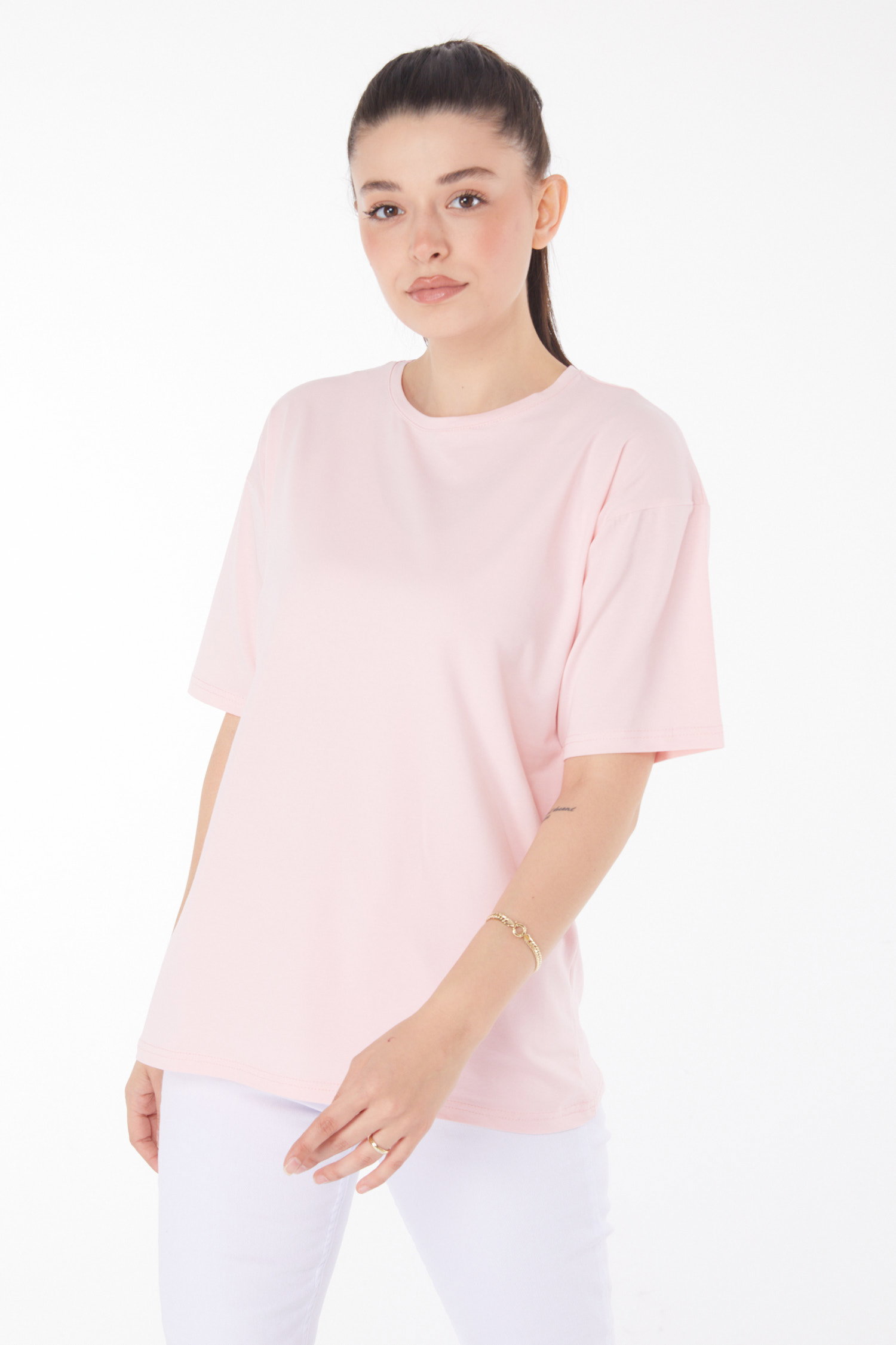 Düz Bisiklet Yaka Kadın Pudra T-Shirt - 25849 - 3