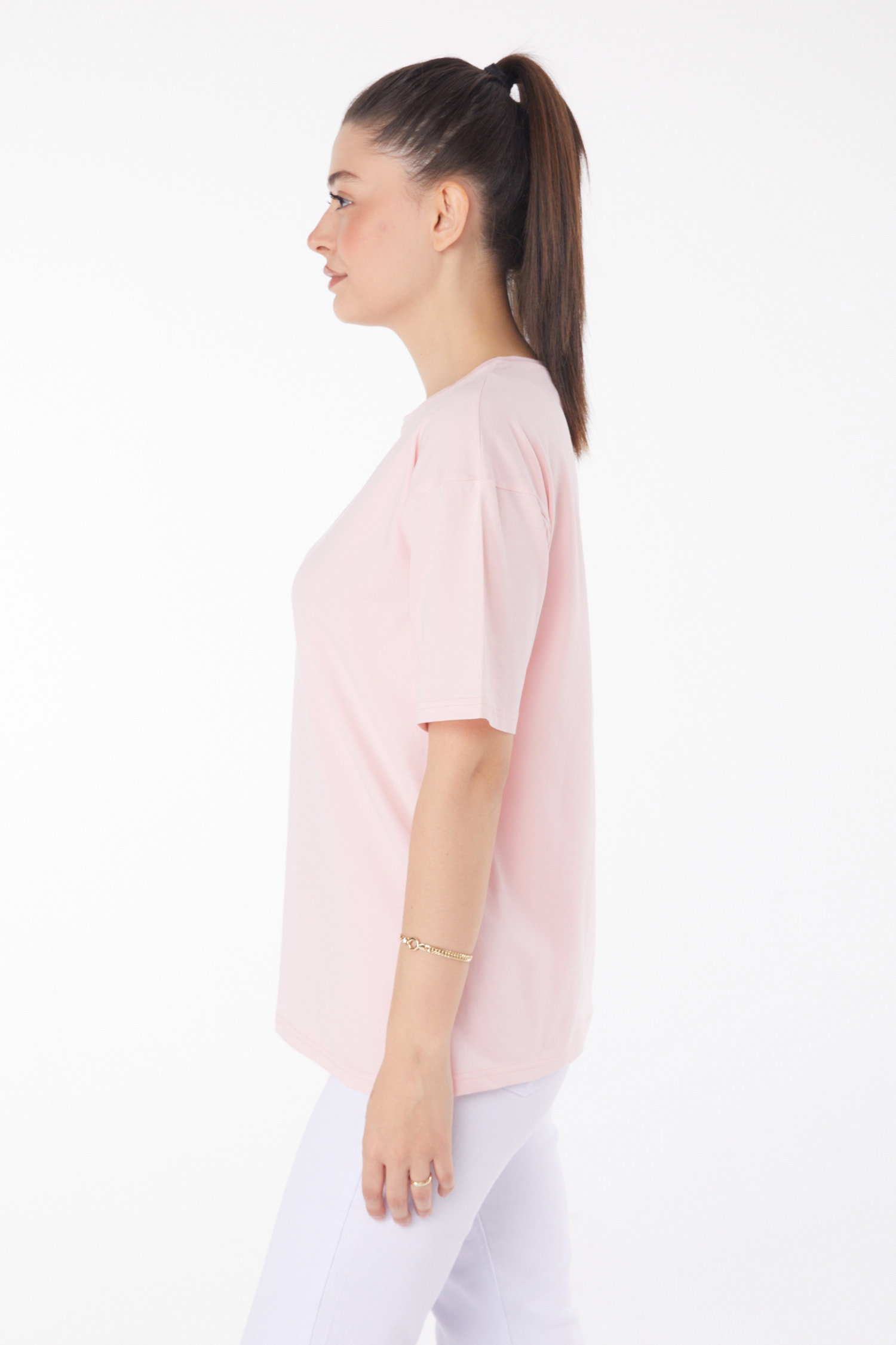 Düz Bisiklet Yaka Kadın Pudra T-Shirt - 25849 - 4