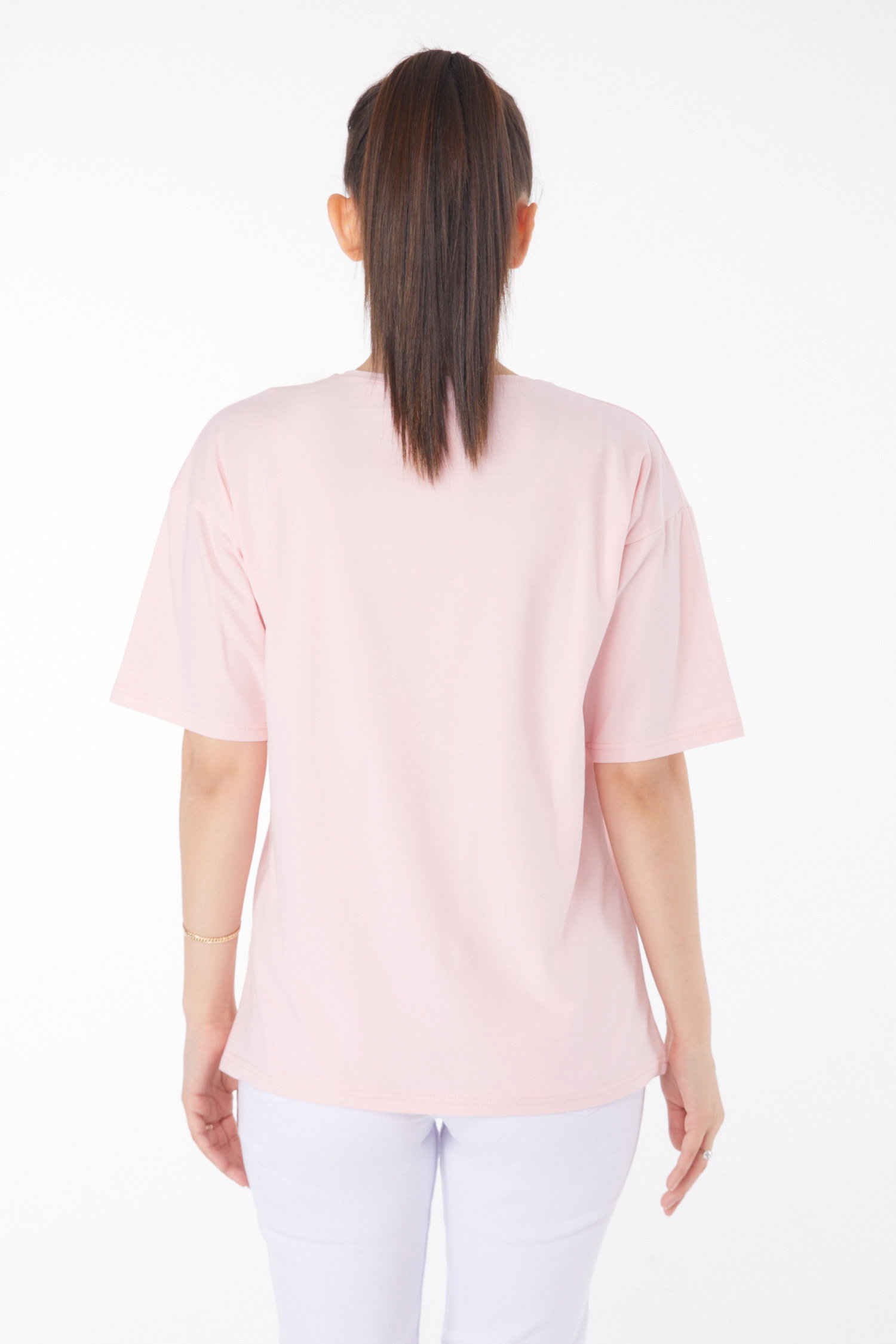 Düz Bisiklet Yaka Kadın Pudra T-Shirt - 25849 - 5