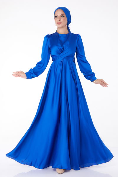 Bağcıklı Abiye Elbise Saks - 26160 