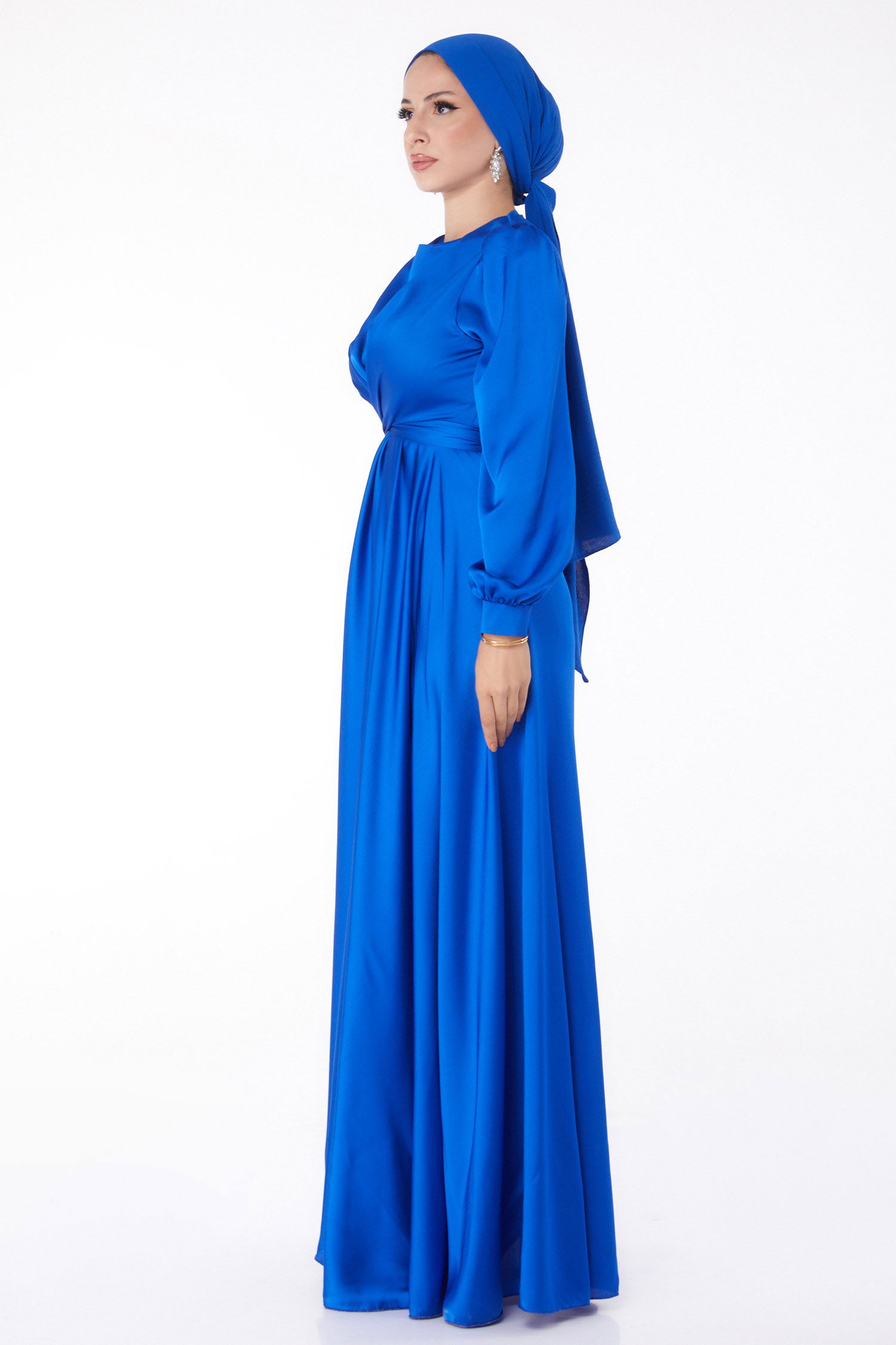 Bağcıklı Abiye Elbise Saks - 26160 - 3