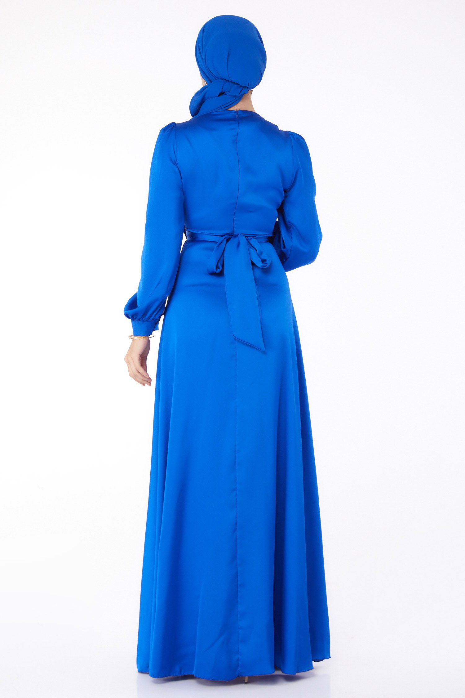 Bağcıklı Abiye Elbise Saks - 26160 - 4
