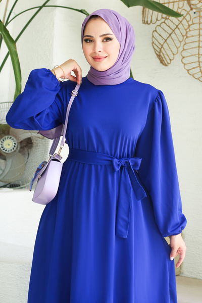Büzgülü Elbise Saks - 13246 