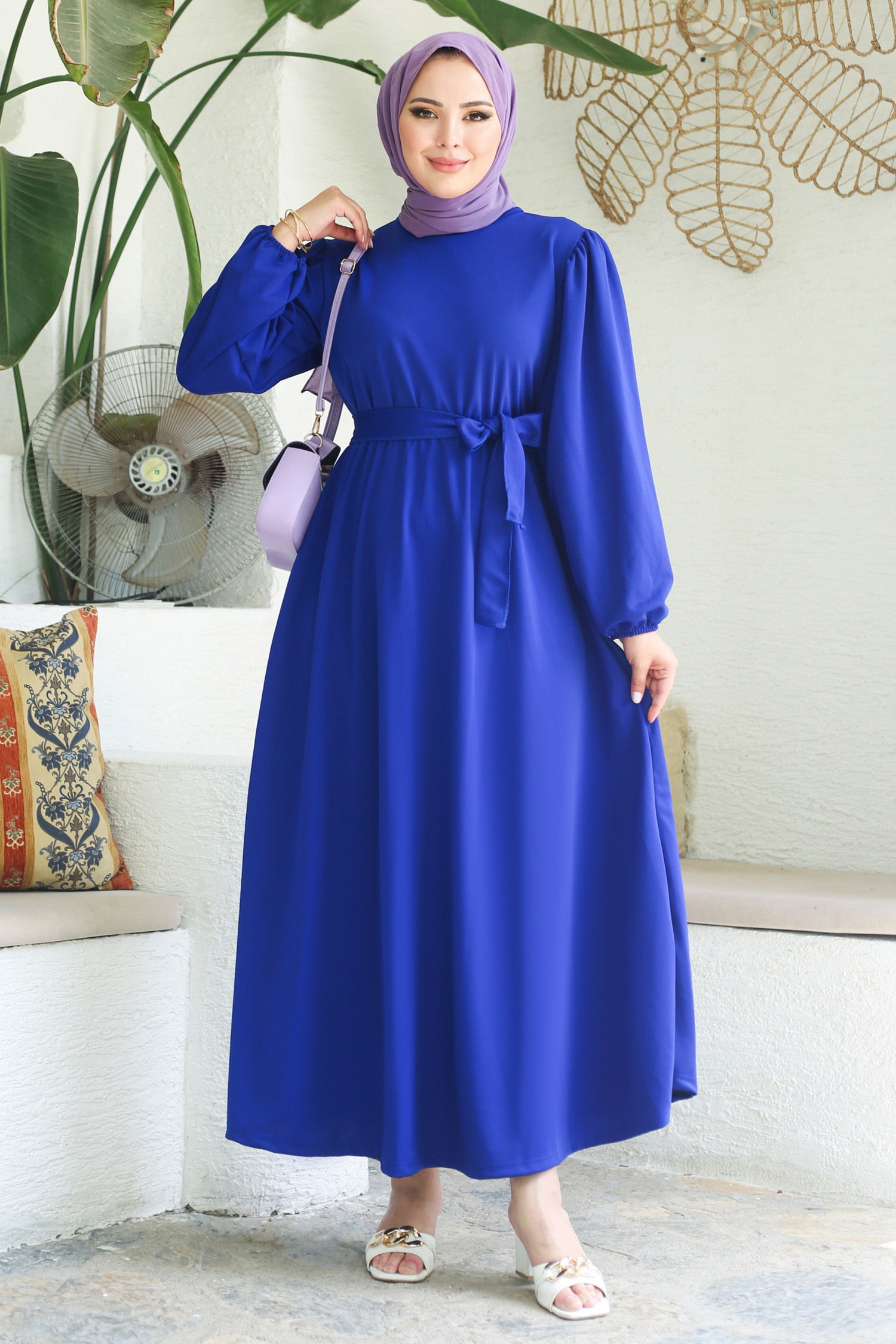 Büzgülü Elbise Saks - 13246 - 2