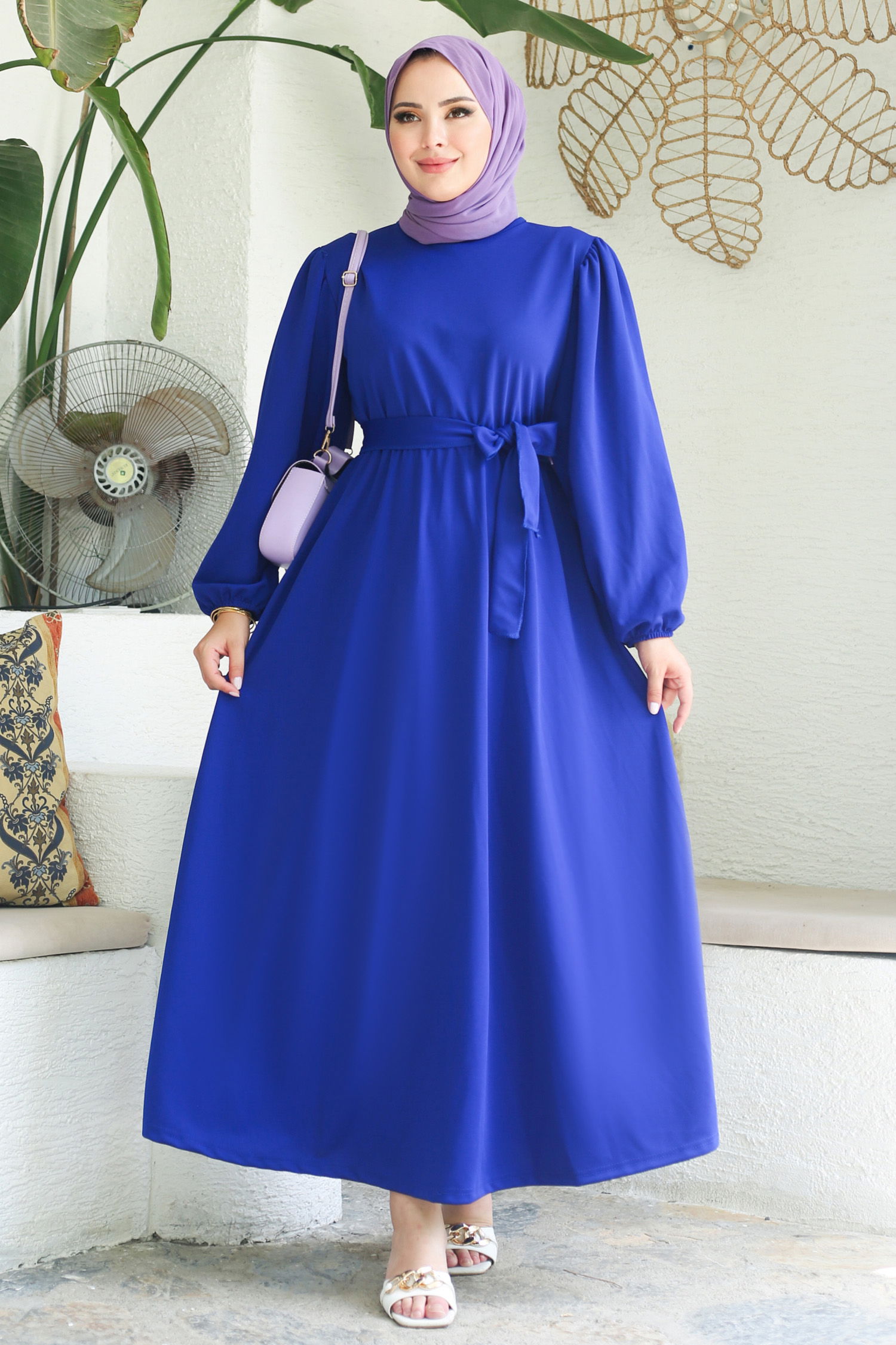 Büzgülü Elbise Saks - 13246 - 3