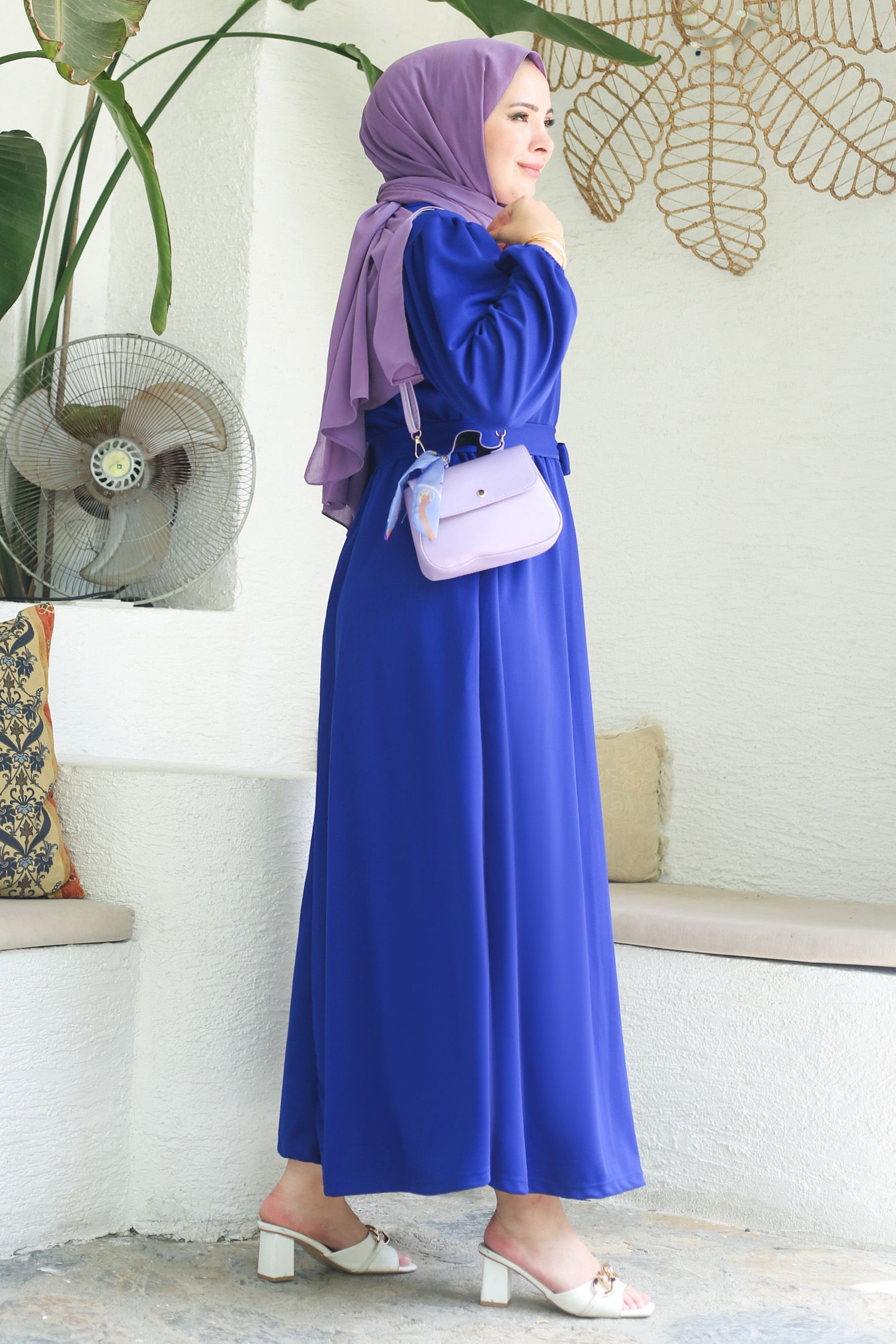 Büzgülü Elbise Saks - 13246 - 4