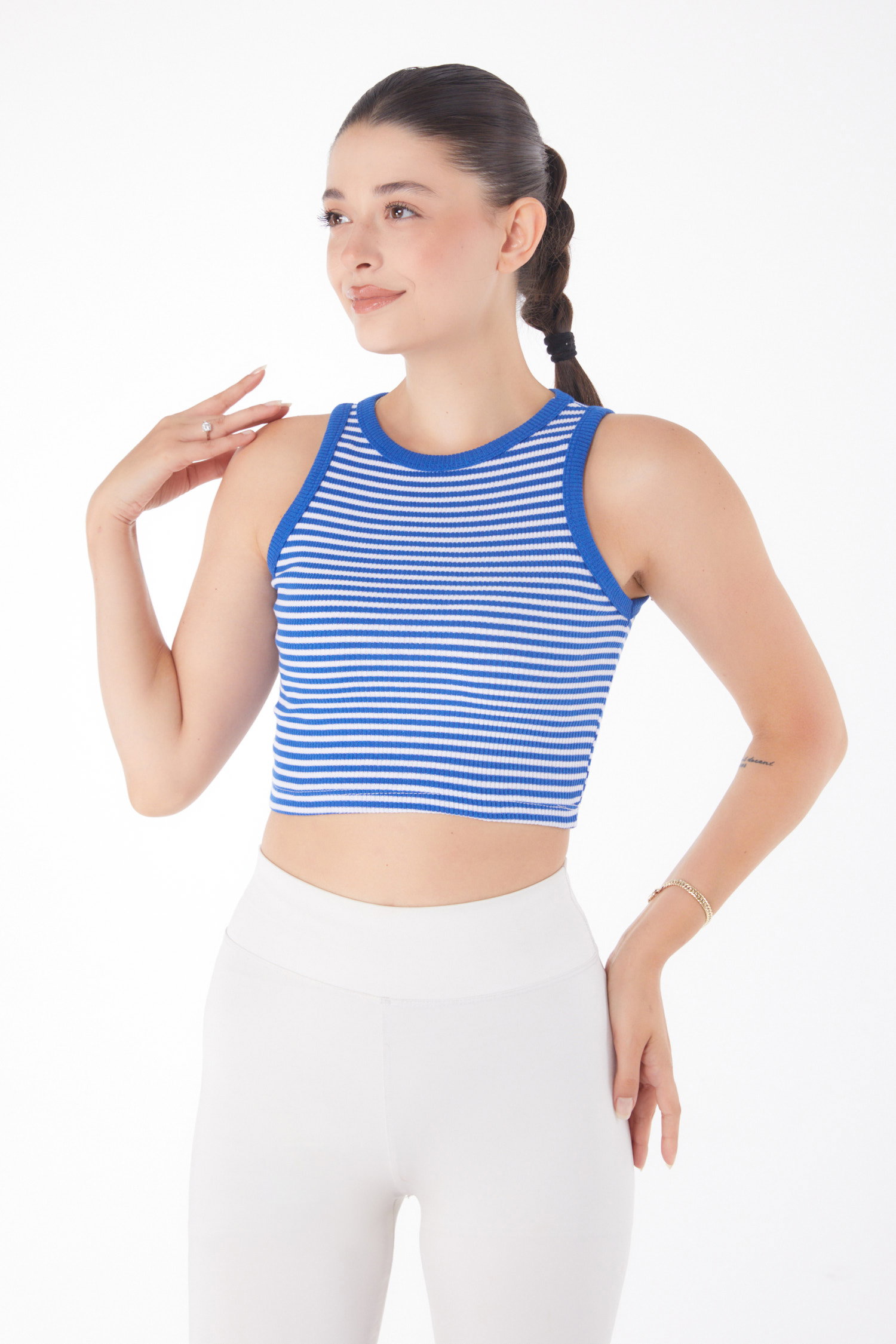 Düz Bisiklet Yaka Kadın Saks Çizgili Crop - 25958 - 1
