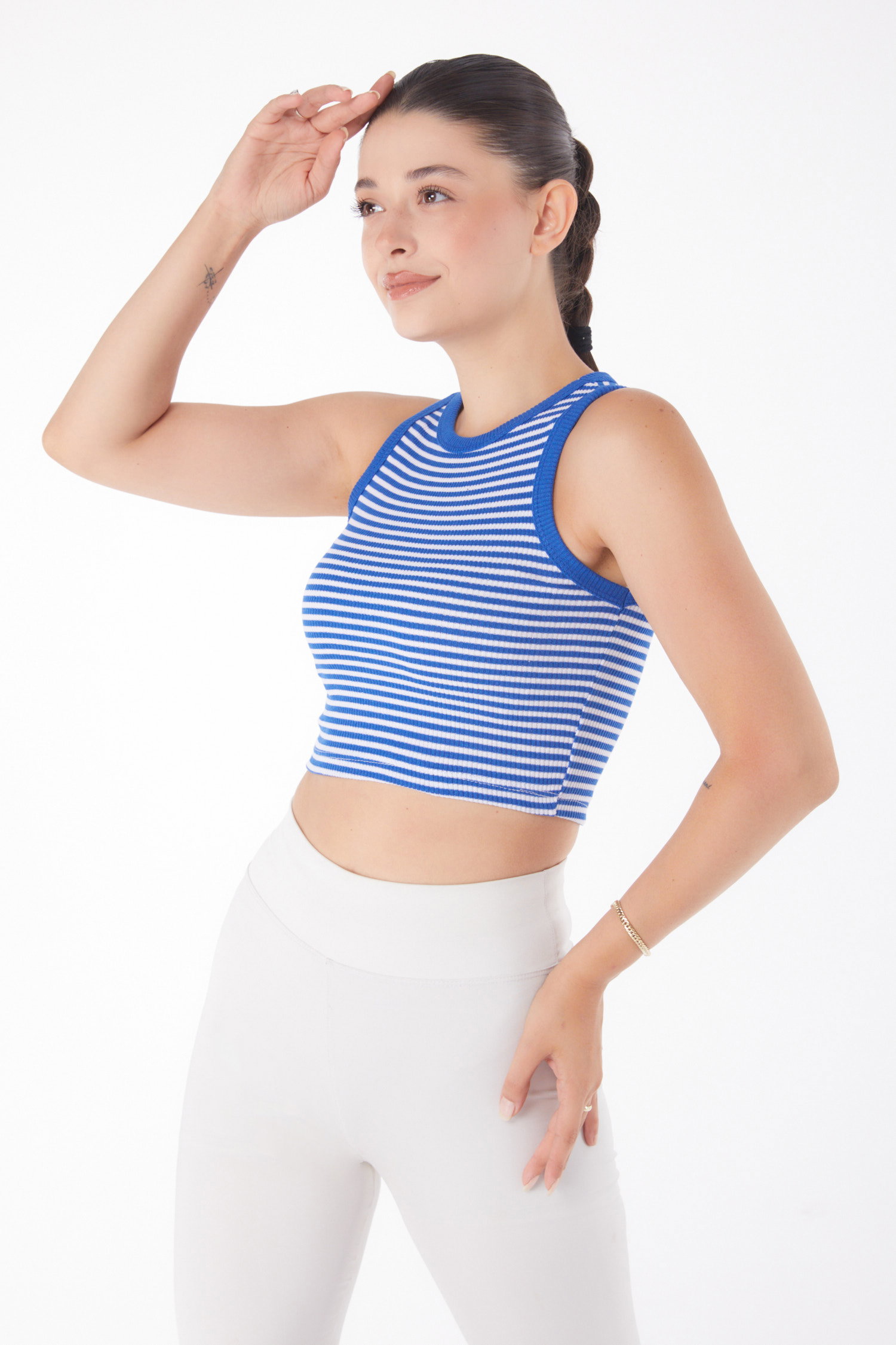 Düz Bisiklet Yaka Kadın Saks Çizgili Crop - 25958 - 3