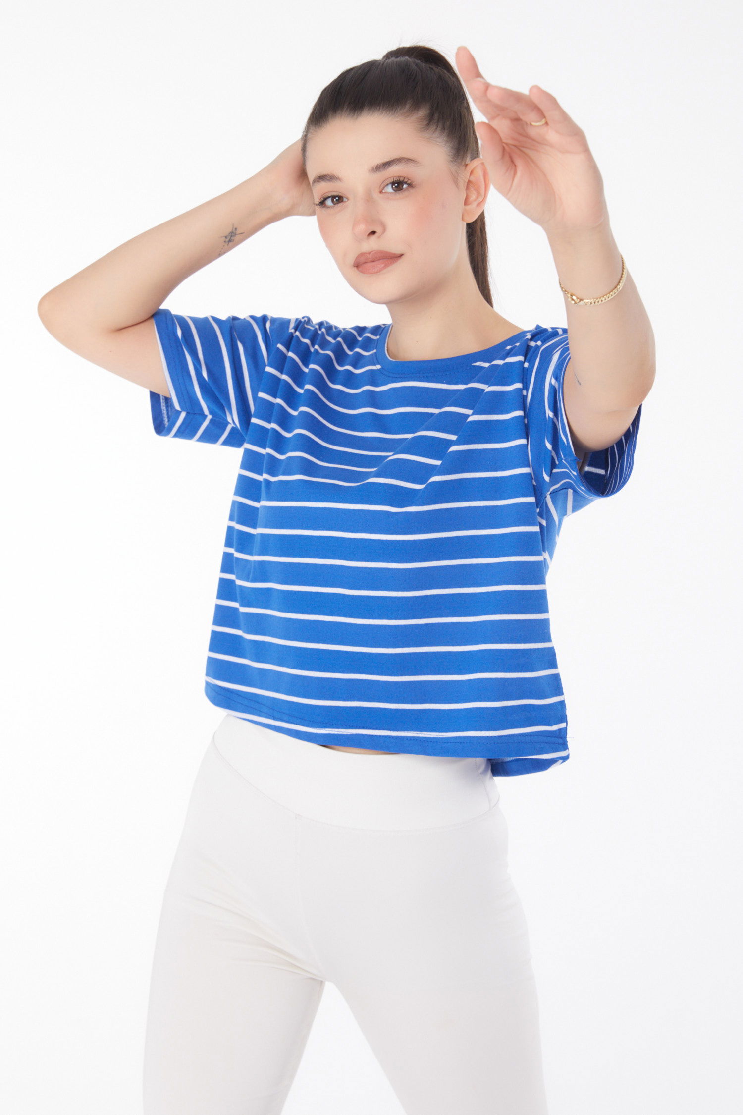 Çizgili Kısa Kollu Crop Saks - 25842 - 1