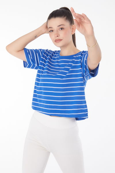 Çizgili Kısa Kollu Crop Saks - 25842 