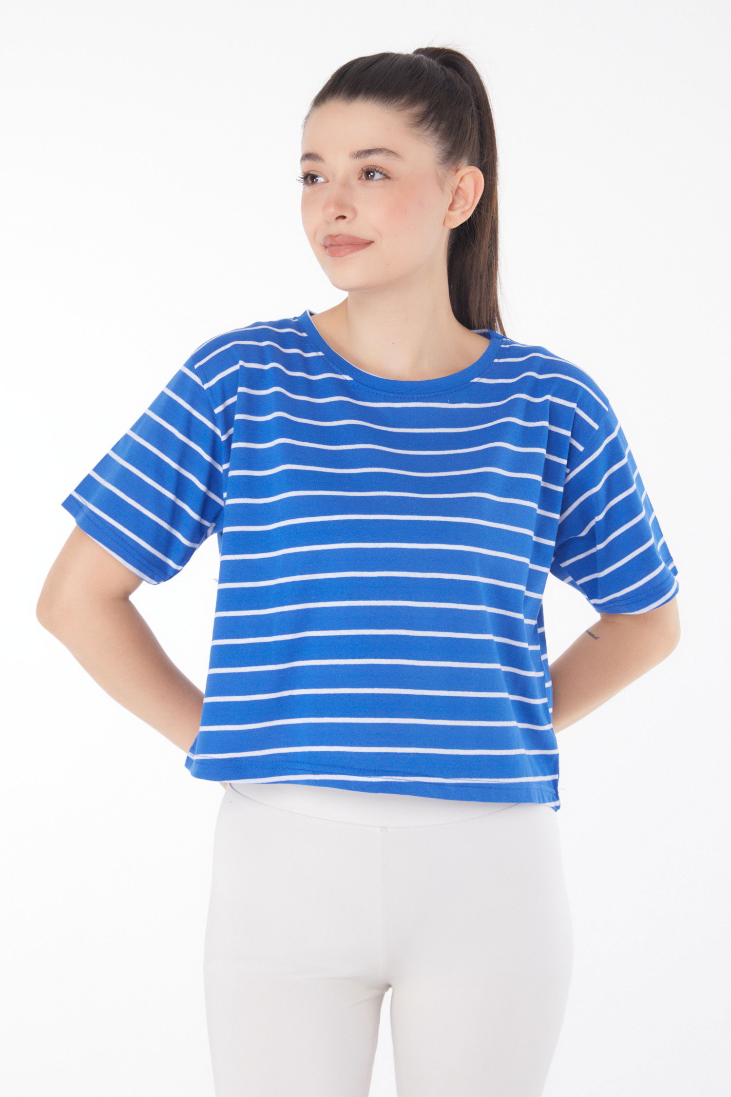 Çizgili Kısa Kollu Crop Saks - 25842 - 2