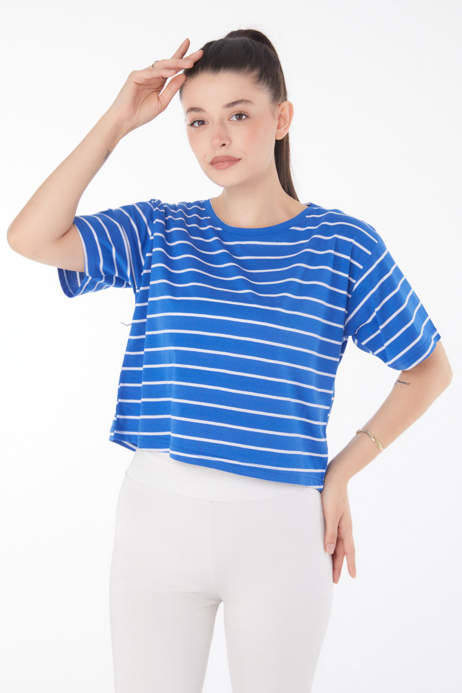Çizgili Kısa Kollu Crop Saks - 25842 - 3