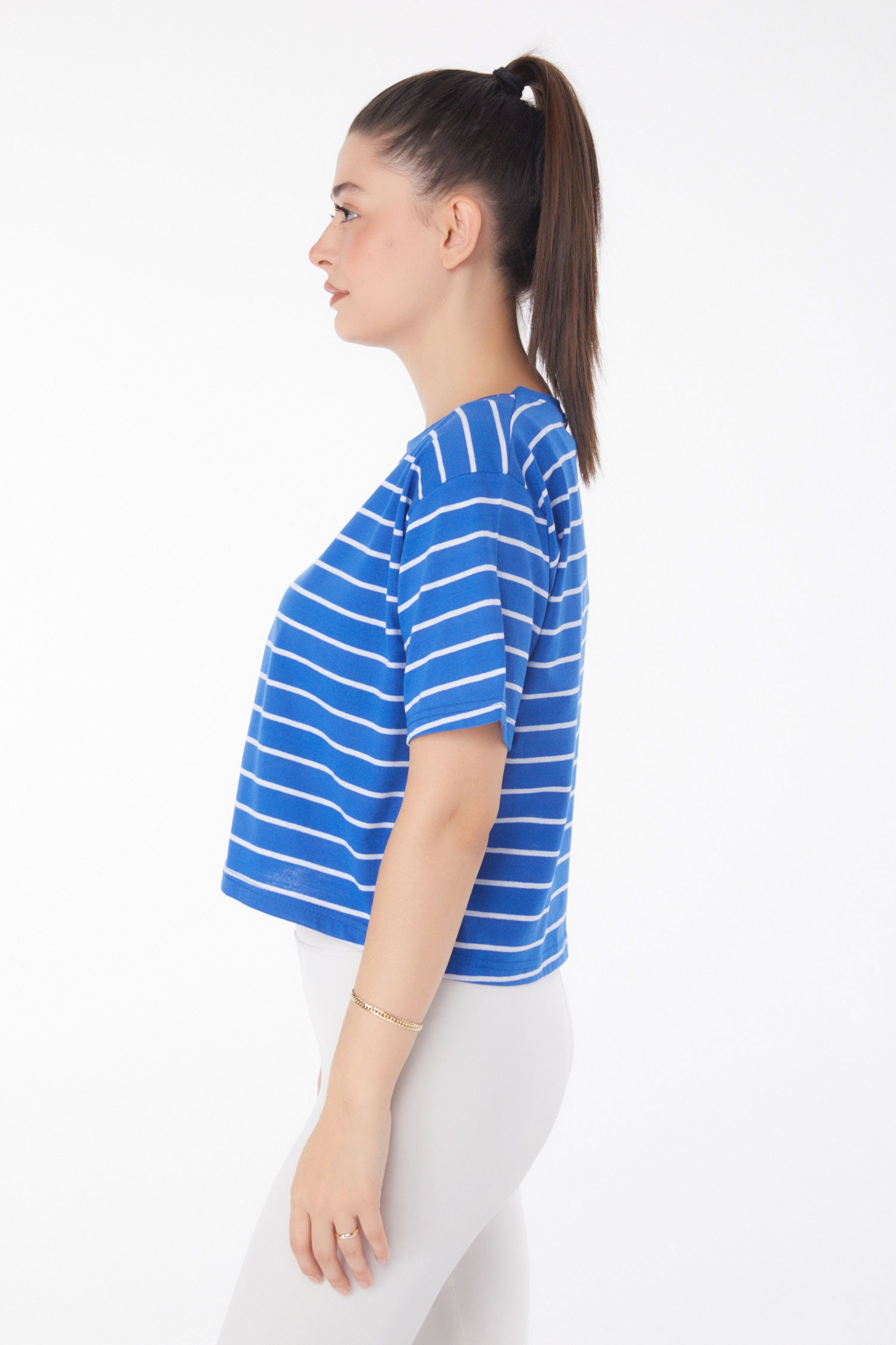 Çizgili Kısa Kollu Crop Saks - 25842 - 4