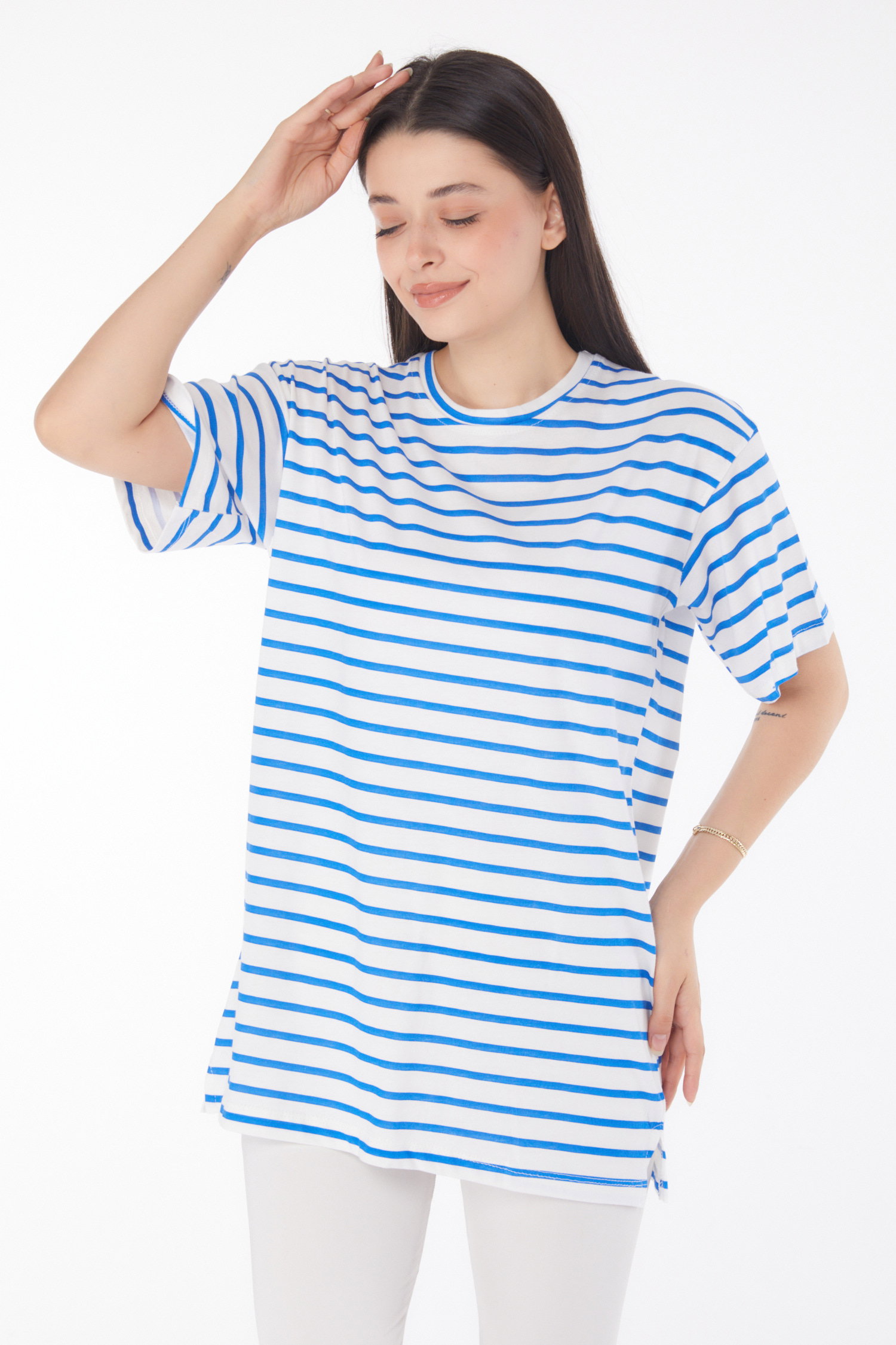 Düz Bisiklet Yaka Kadın Saks Çizgili Kısa Kollu T-shirt - 25765 - 2
