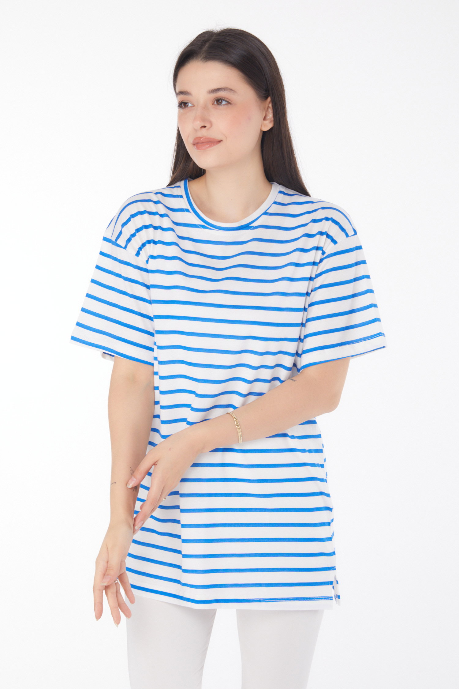 Düz Bisiklet Yaka Kadın Saks Çizgili Kısa Kollu T-shirt - 25765 - 3