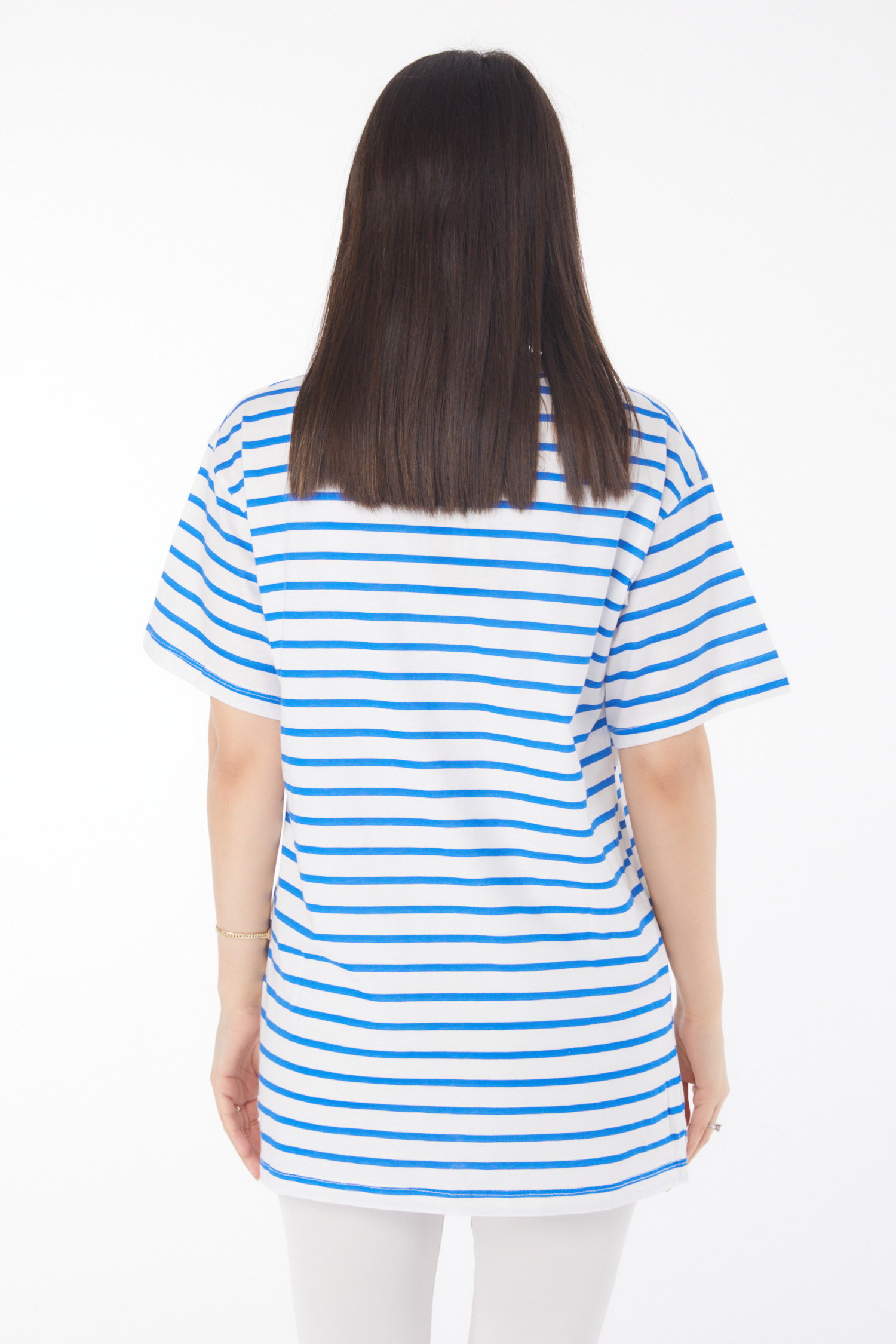 Düz Bisiklet Yaka Kadın Saks Çizgili Kısa Kollu T-shirt - 25765 - 5