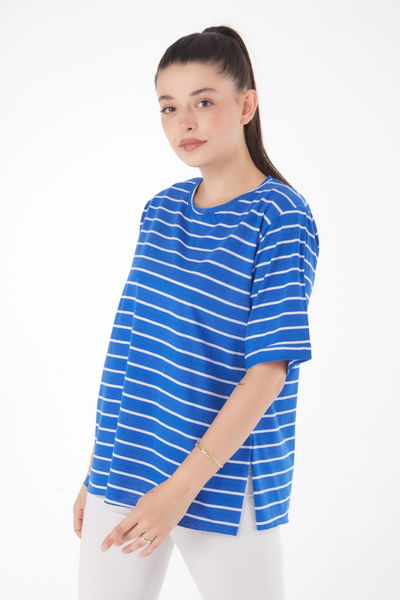 Çizgili Kısa Kollu T-shirt Saks - 25840 