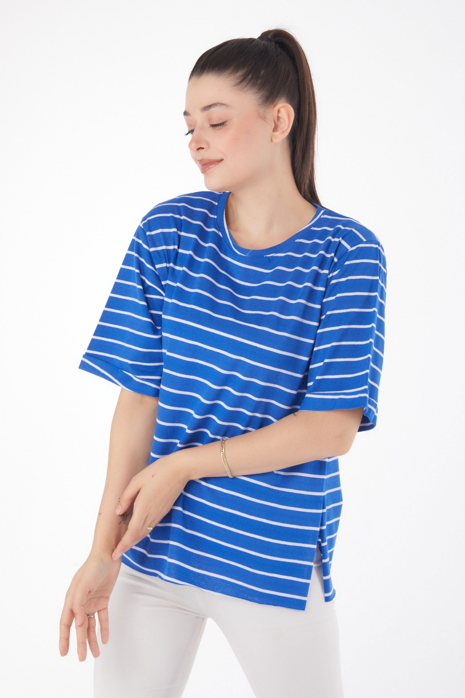 Çizgili Kısa Kollu T-shirt Saks - 25840 - 3