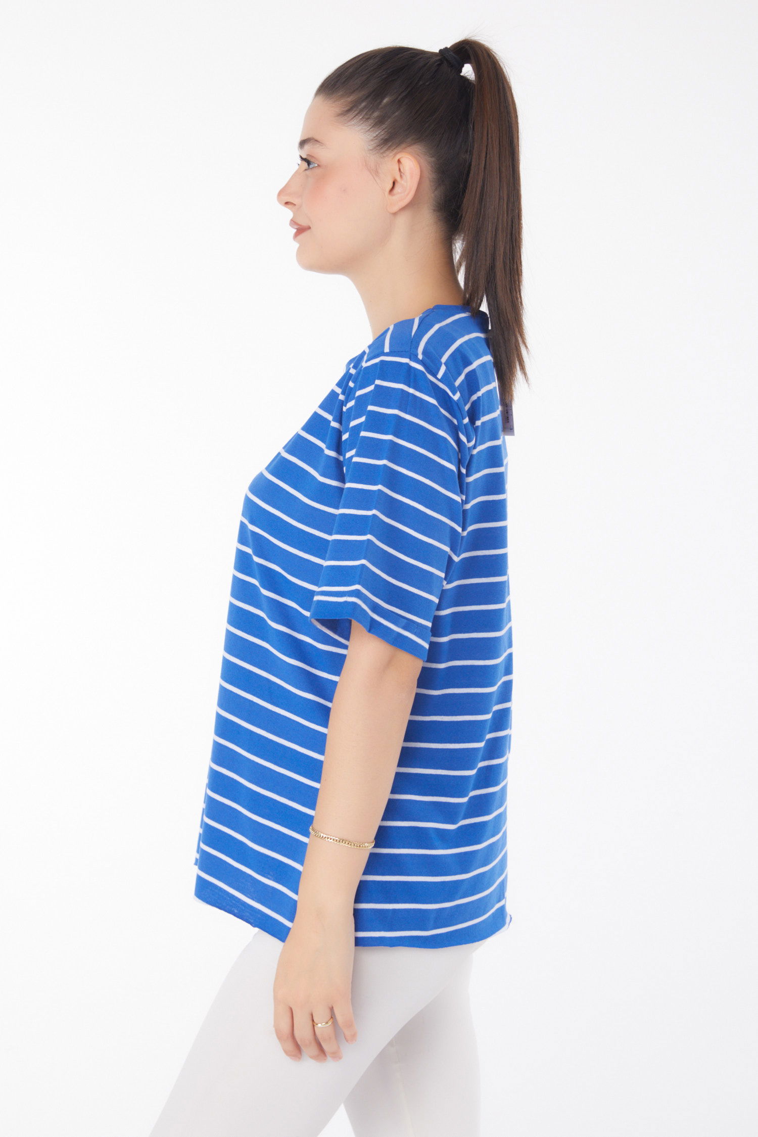 Çizgili Kısa Kollu T-shirt Saks - 25840 - 4