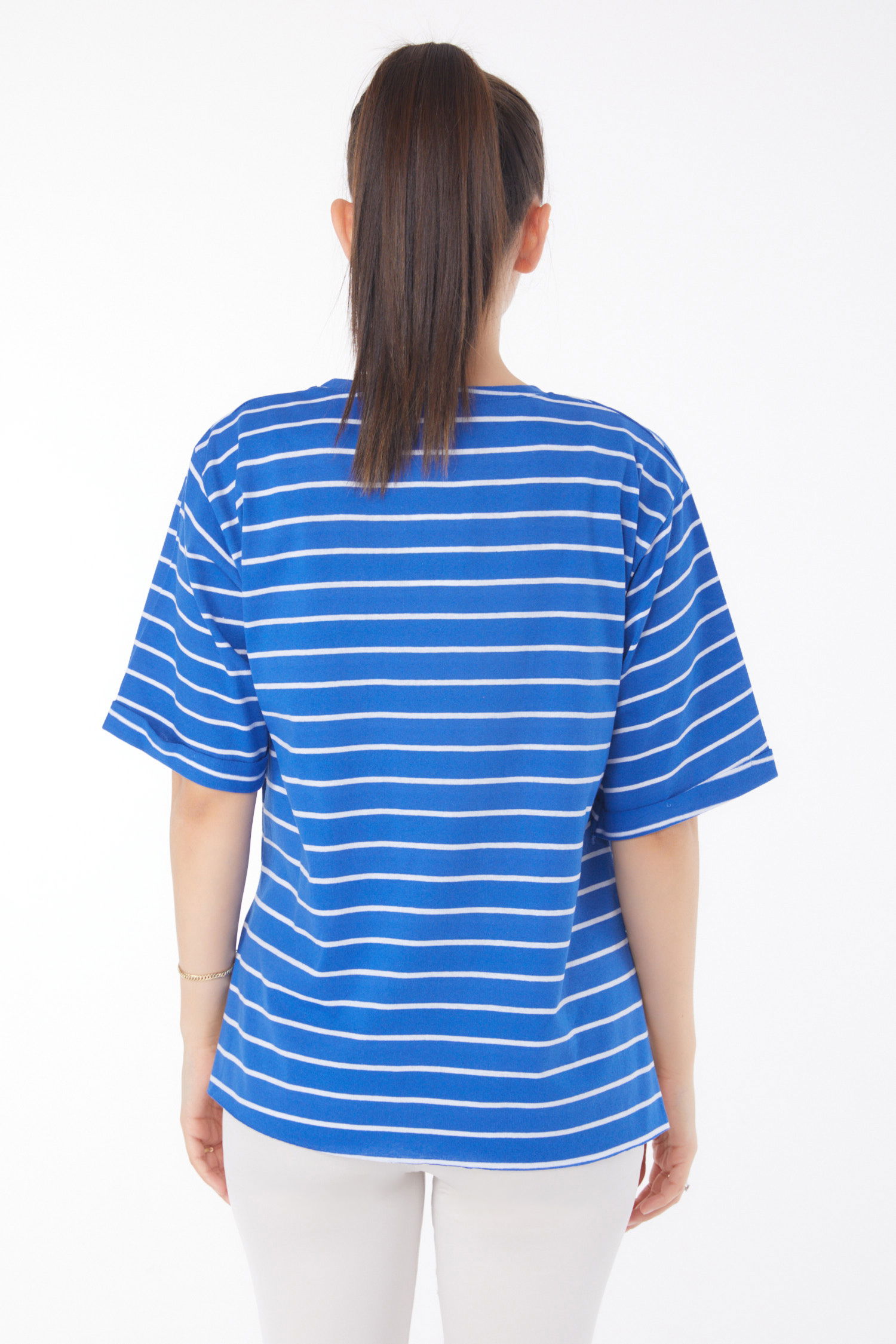 Çizgili Kısa Kollu T-shirt Saks - 25840 - 5