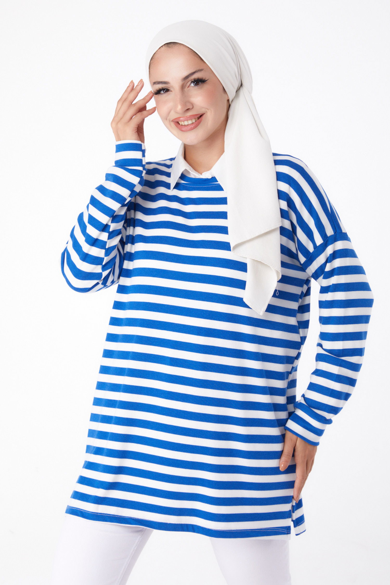 Düz Bisiklet Yaka Kadın Saks Çizgili Sweat - 26244 - 2
