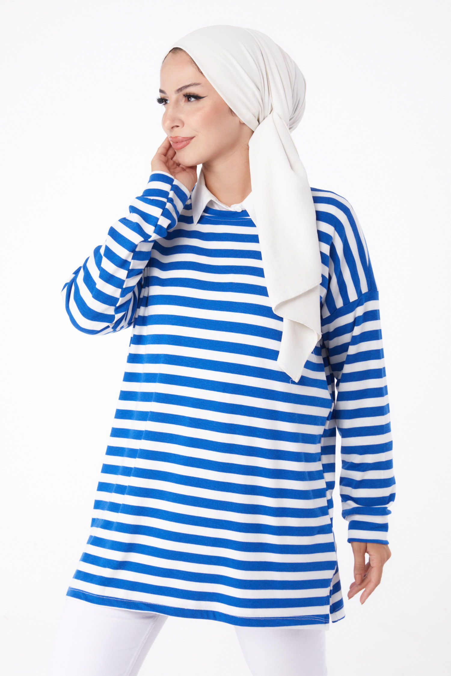 Düz Bisiklet Yaka Kadın Saks Çizgili Sweat - 26244 - 3