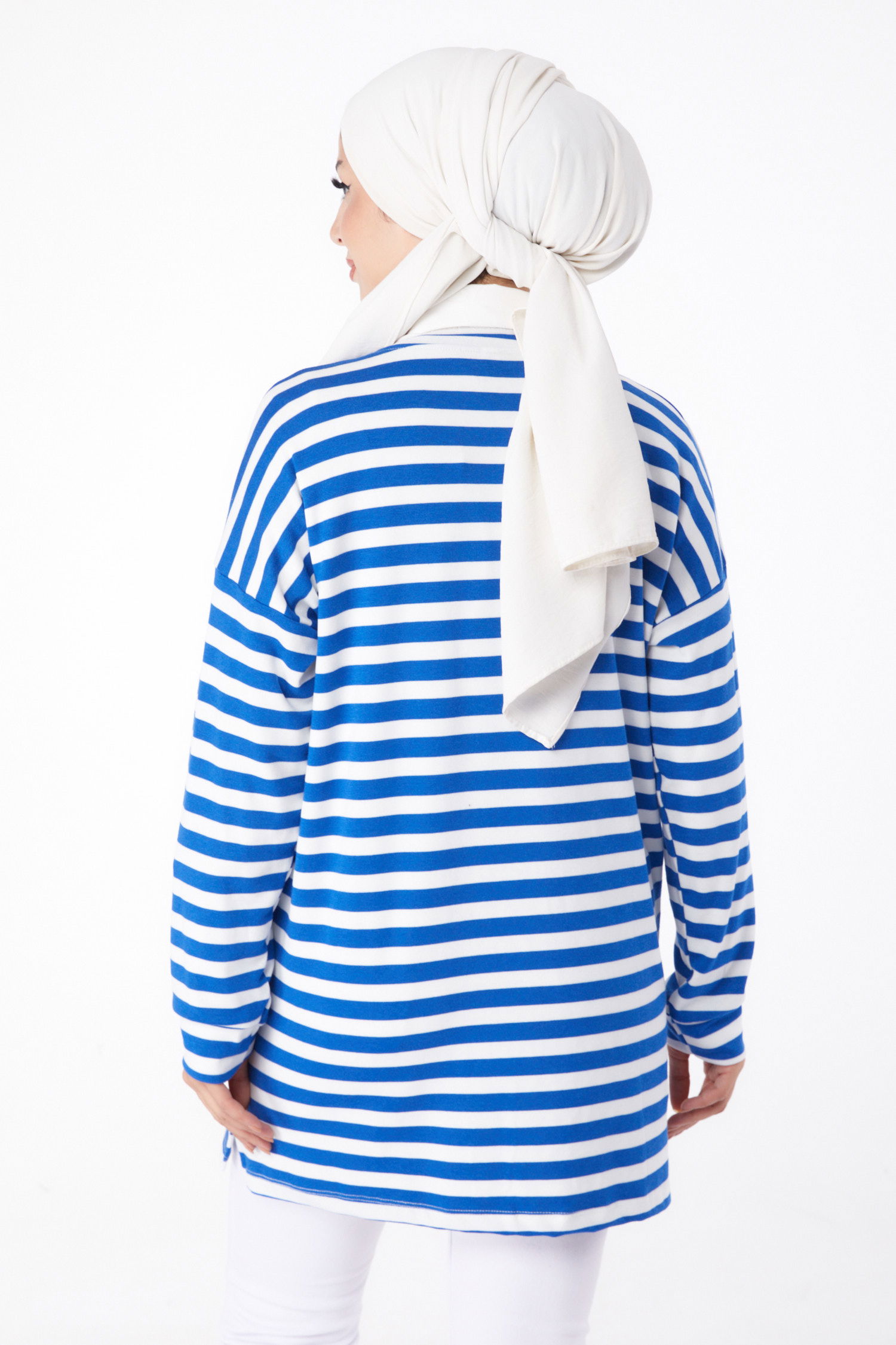 Düz Bisiklet Yaka Kadın Saks Çizgili Sweat - 26244 - 5