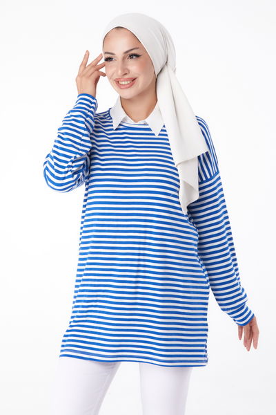 Düz Bisiklet Yaka Kadın Saks Çizgili Sweat - 26246 