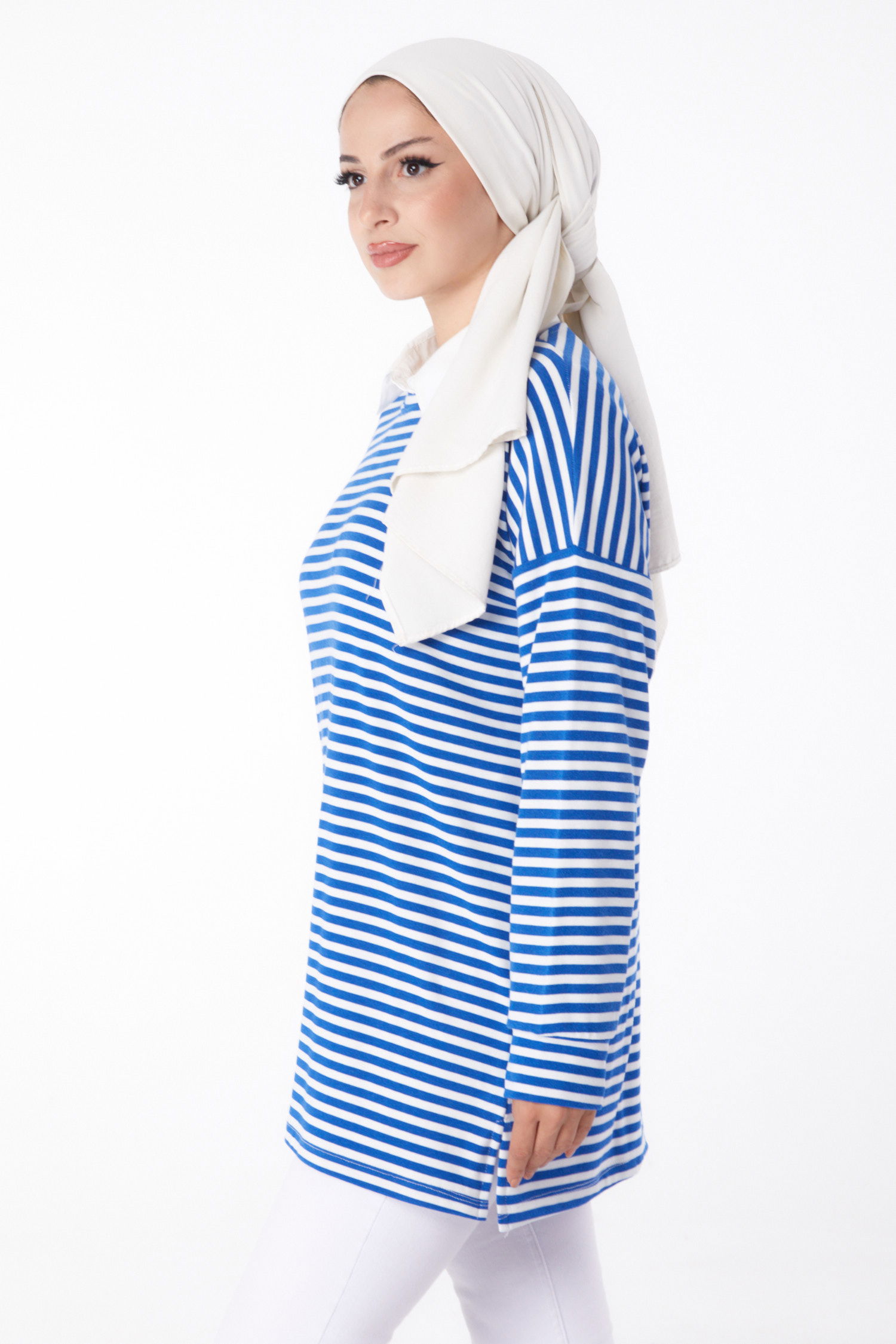 Düz Bisiklet Yaka Kadın Saks Çizgili Sweat - 26246 - 4